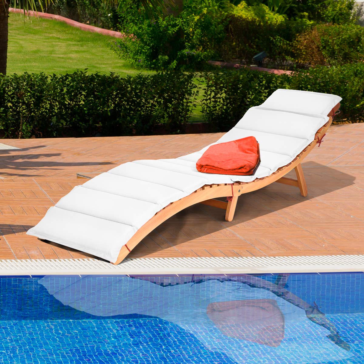 Folding Chaise Lounge Chair with Adjustable Headrest - Outdoor Patio Wooden Bench with Double-Sided Cushion - Perfect for Garden, Lawn, Backyard & Poolside Relaxation