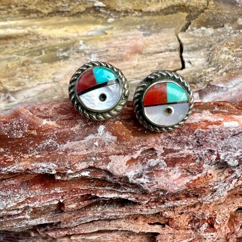 Authentic Zuni Sun God Sterling Silver Pierced Stud Earrings - Vintage Native American Jewelry for Women, Perfect for Boho & Festival Outfits