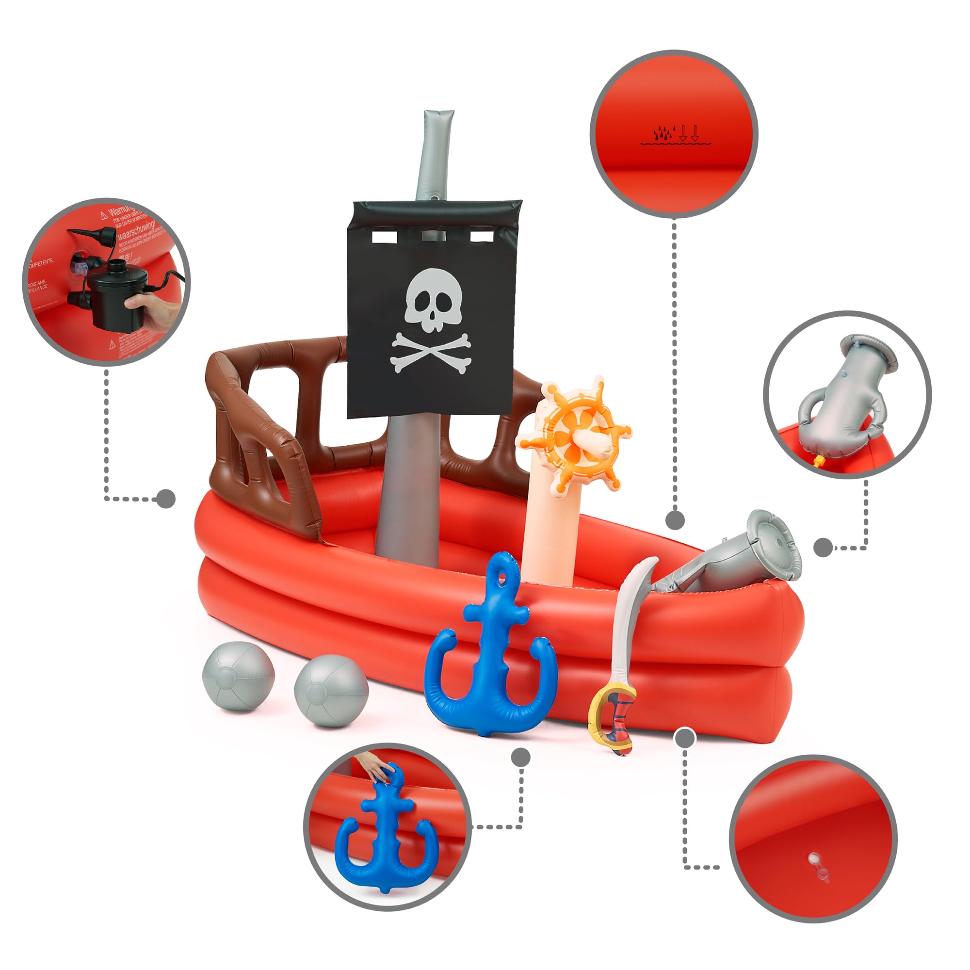 Teamson Kids Inflatable Pirate Ship Water Play Pool with Air Pump, Beach Balls & Accessories - Outdoor Sprinkler Splash Pad for Backyard, Beach & Summer Fun - Red