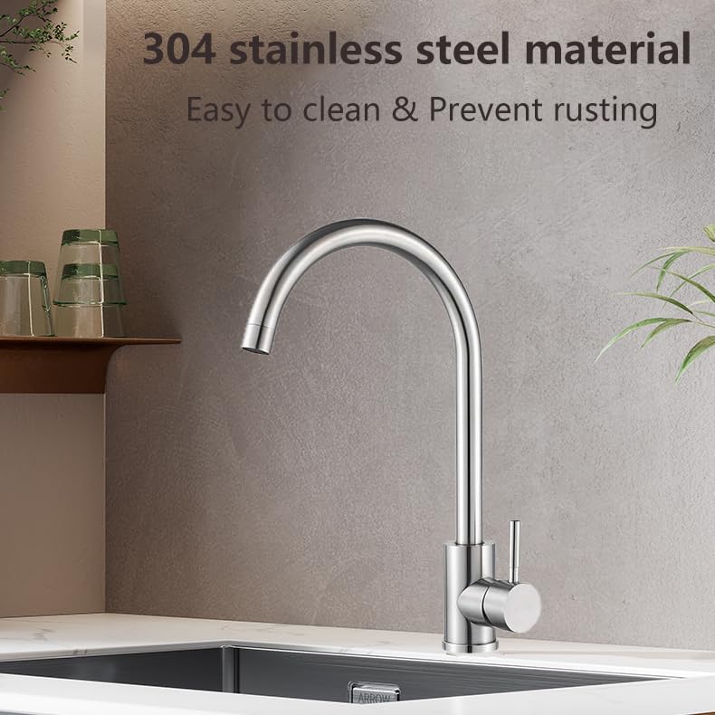 Brushed Nickel Single Handle Kitchen Sink Faucet with Hot and Cold Water Hoses, Commercial Grade Single Hole Mixer for Bar and Prep Sinks, Ideal for Home and Restaurant Kitchens