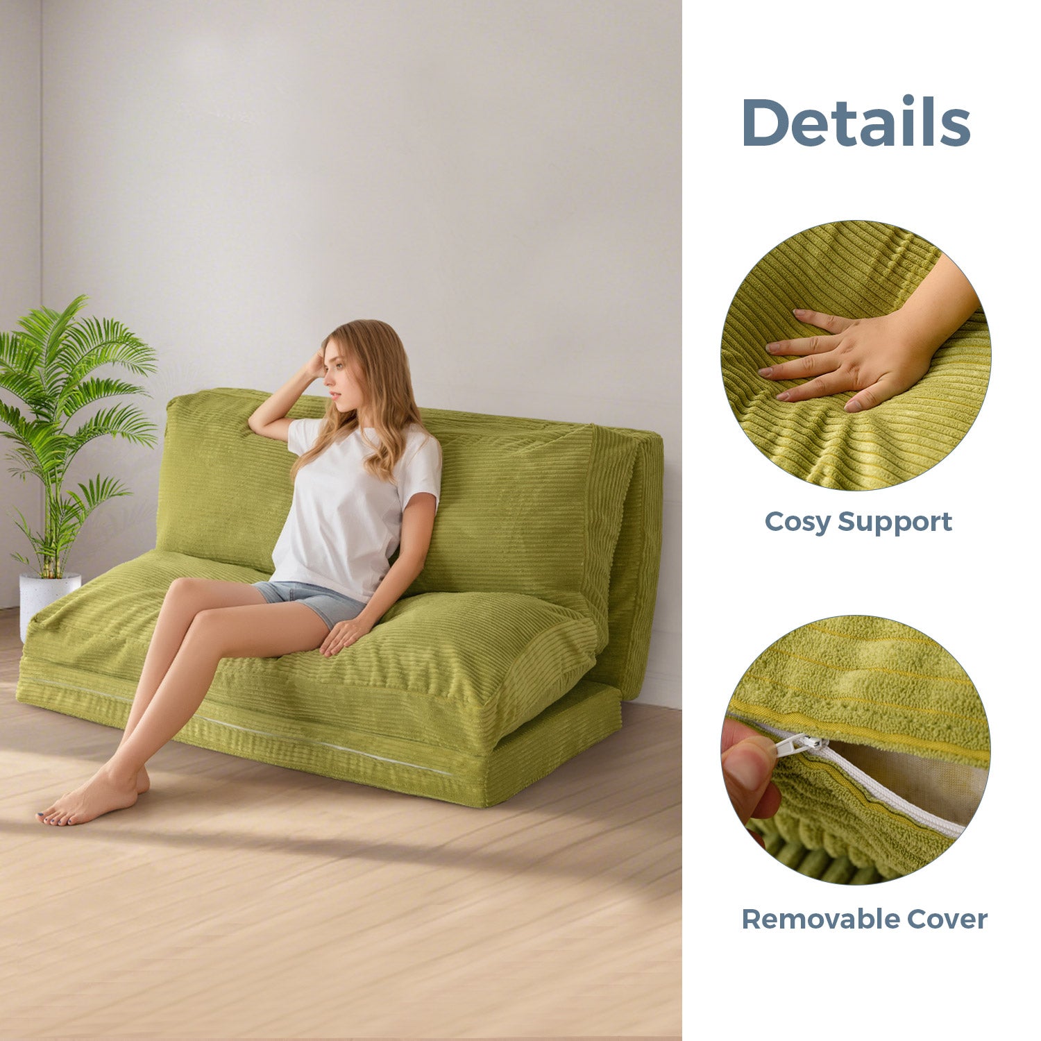 MAXYOYO Corduroy Bean Bag Sofa Bed - Washable Green Floor Couch for Living Room, Bedroom & Game Room - Comfortable Lounge Chair for Relaxing, Reading & Napping