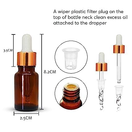 10ml Amber Glass Dropper Bottles with Gold Ring & White Silicone Teat - Refillable Essential Oil Bottles, Leak-Proof for Aromatherapy, DIY Skincare & Travel - Pack of 10