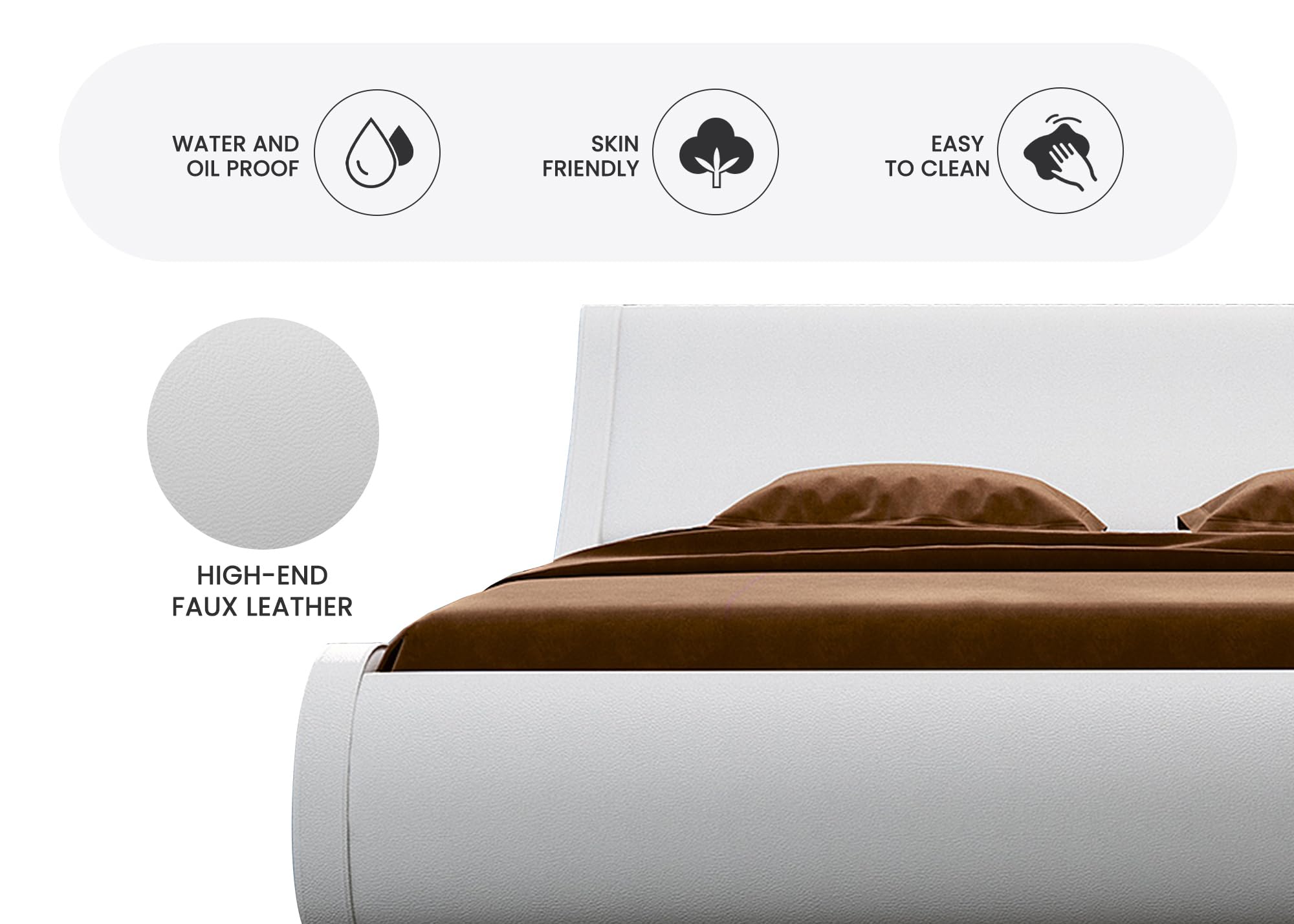 Modern Low Profile Platform Bed Frame Queen Size - Faux Leather Upholstered Sleigh Bed with Adjustable Headboard, No Box Spring Needed, White - Perfect for Contemporary Bedrooms, Guest Rooms & Small Spaces