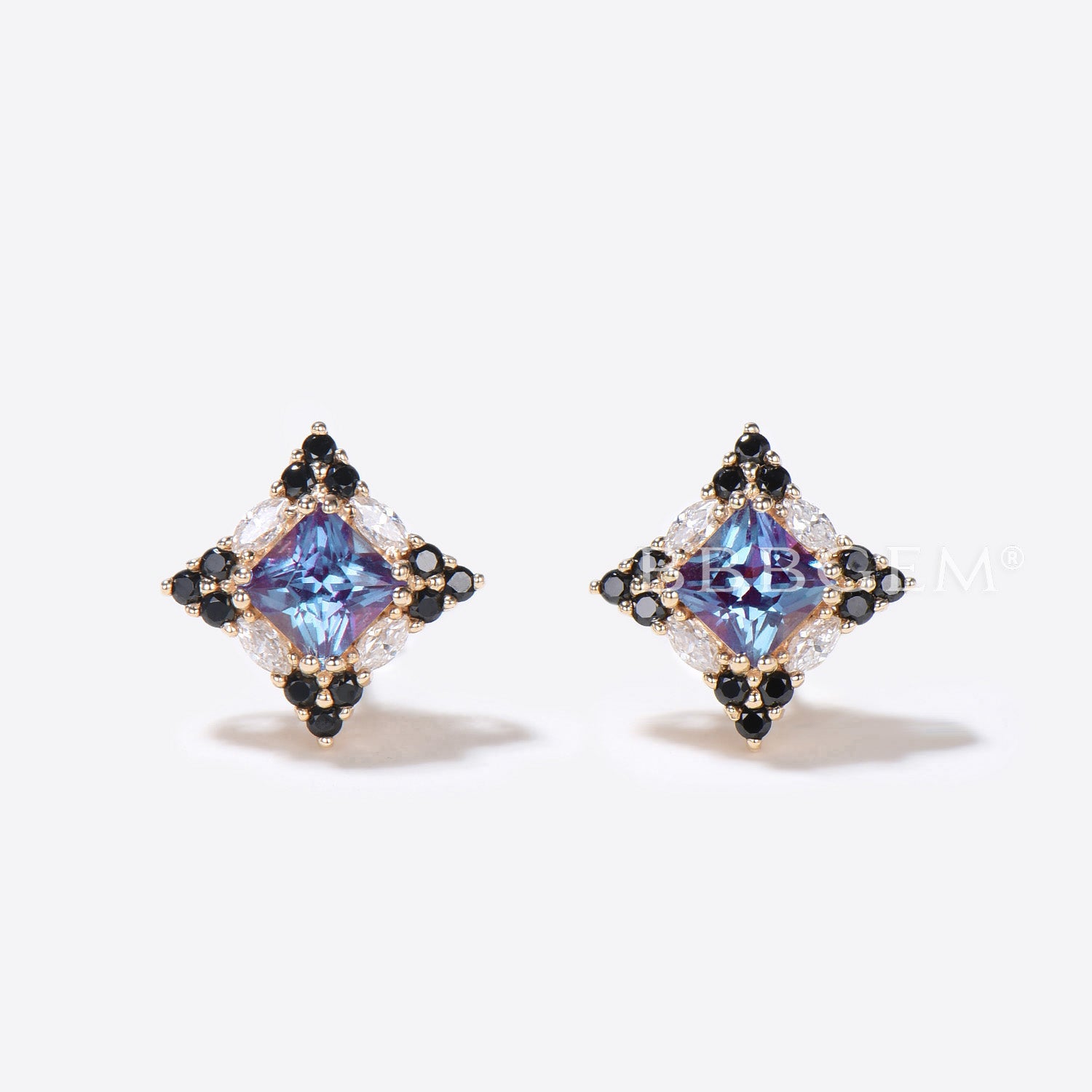 Princess Cut Alexandrite Stud Earrings with Halo Moissanite - Elegant Birthstone Jewelry for Women, Perfect for Weddings, Anniversaries & Special Occasions
