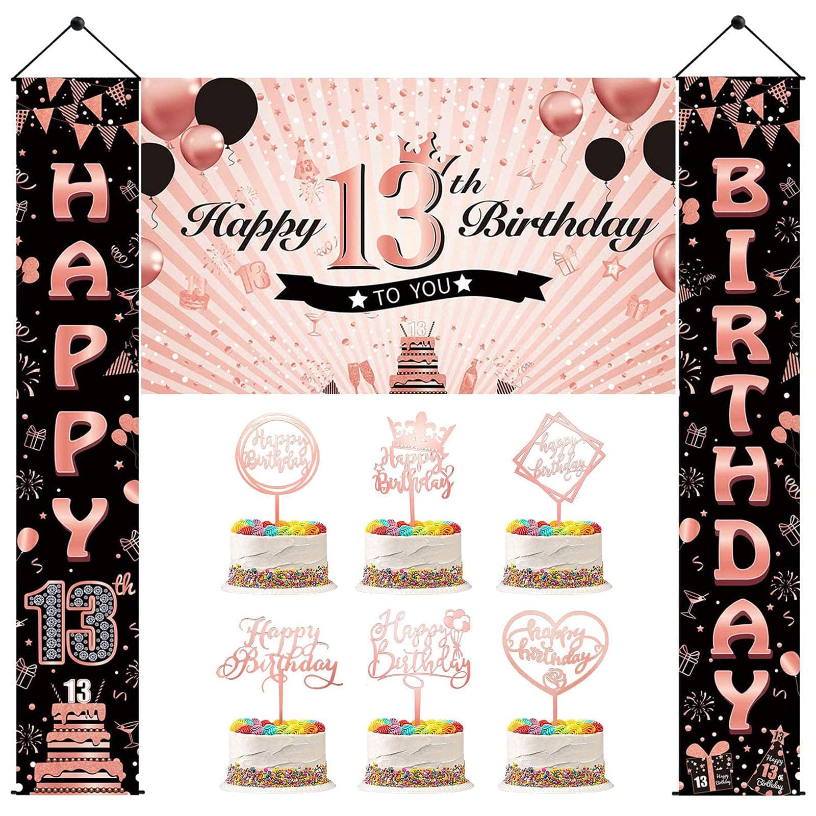 Rose Gold Happy 13th Birthday Party Decorations Set - 6Pcs Acrylic Cake Toppers, Porch Sign & Backdrop for Teen Girls | Perfect for Sweet 16, Quinceañera & Birthday Party Decor