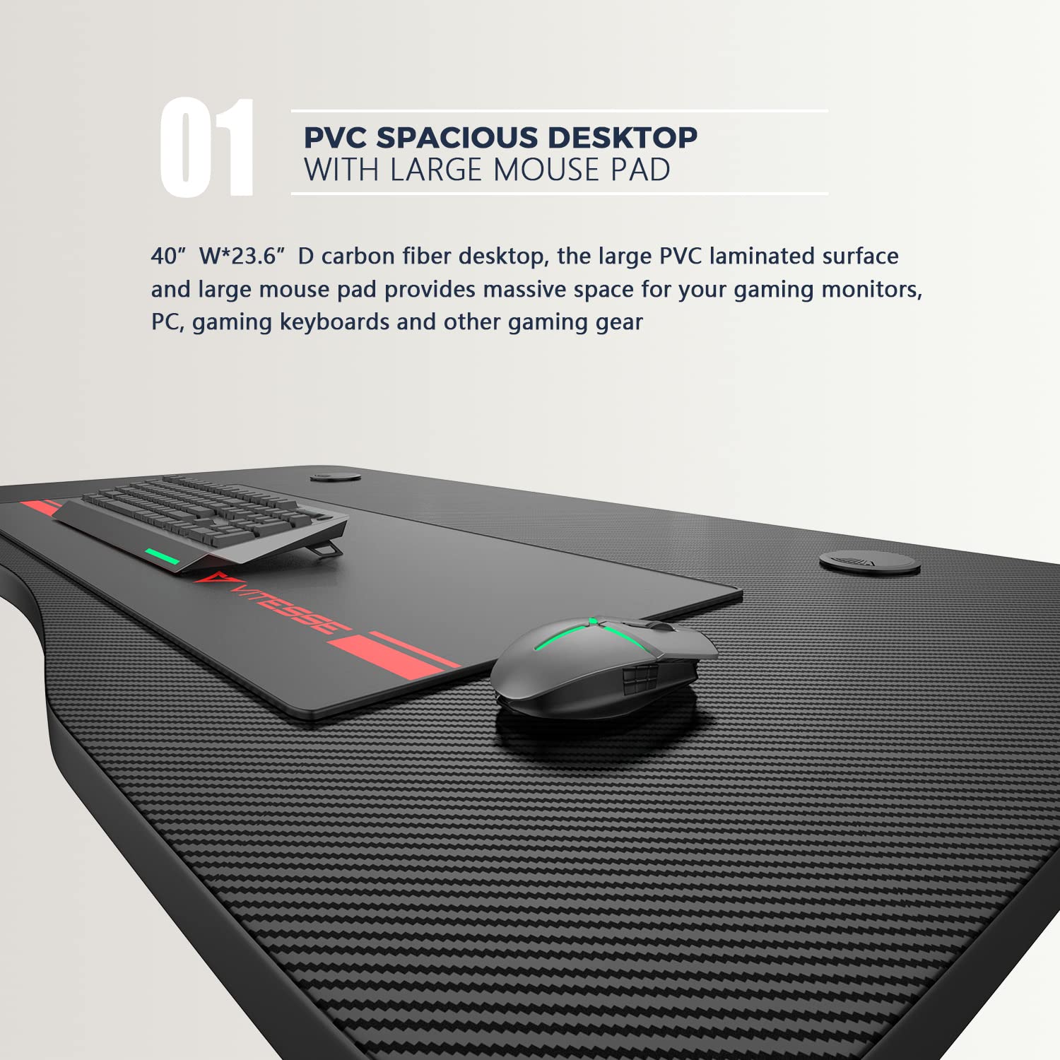 VITESSE Ergonomic Gaming Desk - Z Shaped Office PC Computer Desk with Full Desk Mouse Pad, Charging Gaming Handle Rack, Cup Holder & Headphone Hook - Perfect for Gamers, Streamers & Home Office Setup