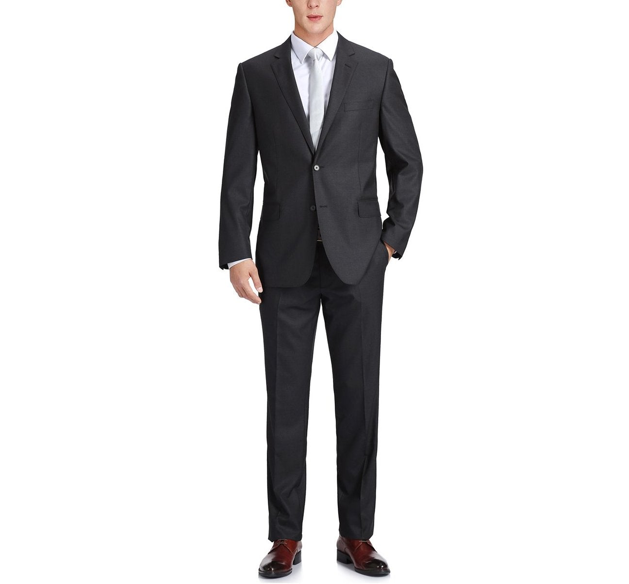 Alessandro Vitello by Renoir Men's Slim Fit 2-Button Wool Suit with Notch Lapel - Perfect for Business Meetings, Weddings & Formal Events (Style 555)
