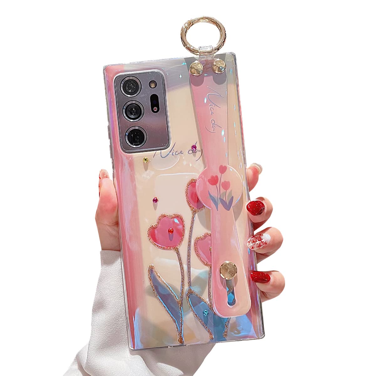 Cute Shockproof Samsung Galaxy Note 20 Ultra Case with Wrist Strap & Kickstand - Glitter Bling Cartoon IMD Soft TPU Protective Phone Cover for Women & Girls (Tulip Design) | Perfect for Everyday Use, Work & Travel