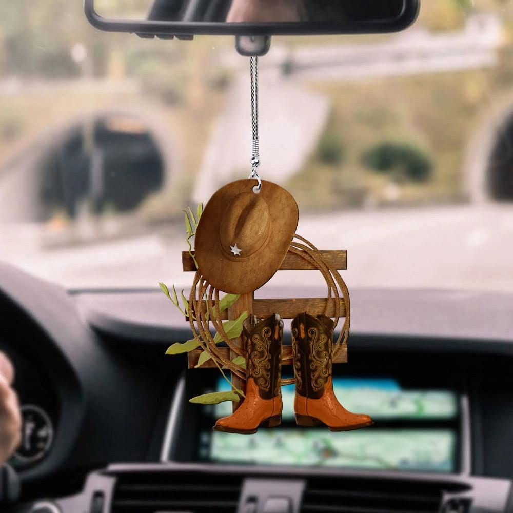 Wild & Free Country Girl Boots Hat Car Hanging Ornament - 2D Double-Sided Rear View Mirror Decor for Country Lovers | Unique Car Accessories Gift for Her | Perfect for Country Music Fans, Road Trips & Western Style Vehicles