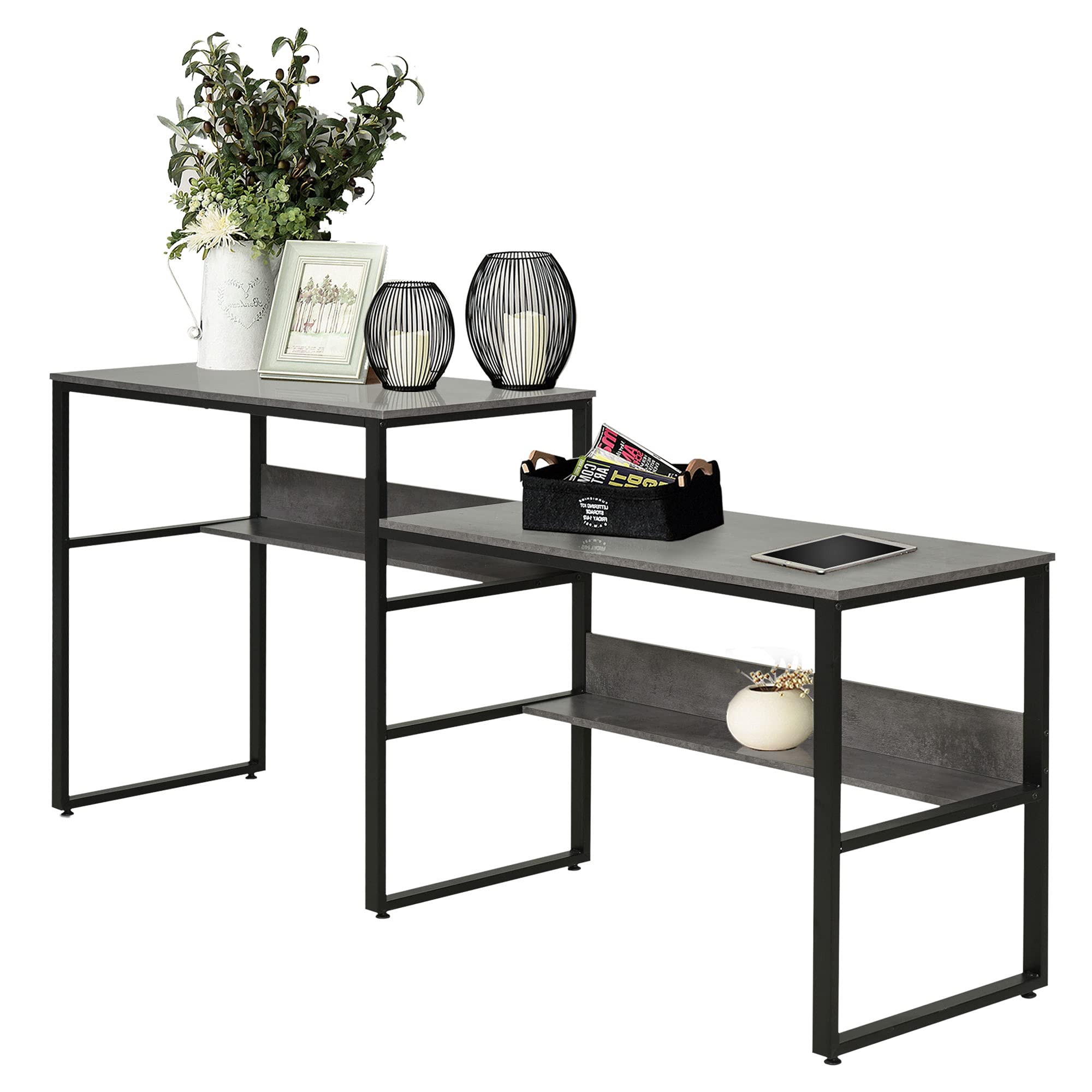 HOMCOM 86.5 Inch Two Person Desk with Open Shelves - Double Computer Table, Writing Desk & Long Storage Workstation for Home Office (Gray) | Perfect for Shared Workspaces, Remote Work & Study Rooms