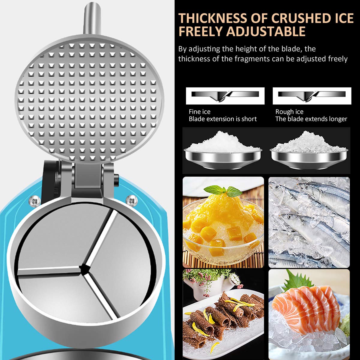 RRH 380W Electric Ice Crusher - Stainless Steel Shaved Ice Machine with 3 Blades, 220lbs/hr Snow Cone Maker, 1500r/min Commercial & Home Ice Shaver (Blue) - Perfect for Parties, Bars, Restaurants, and Home Cocktail Making