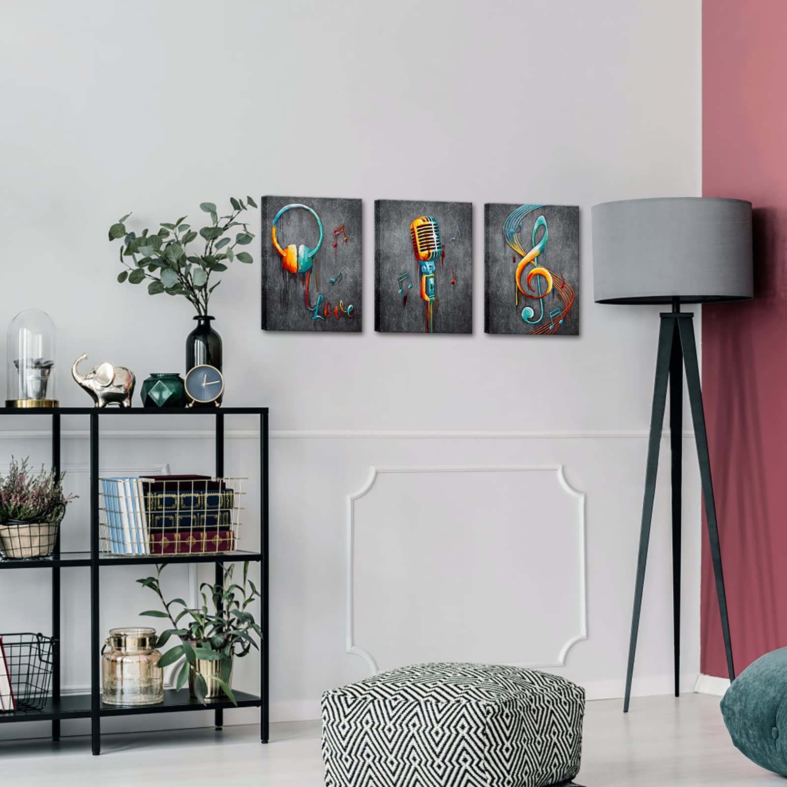 3-Piece Music-Themed Wall Art Set - Microphone & Headphone Note Canvas Prints (12x16 Inch) | Modern Home & Studio Decor | Ready-to-Hang Framed Art for Bedroom, Living Room & Music Studio
