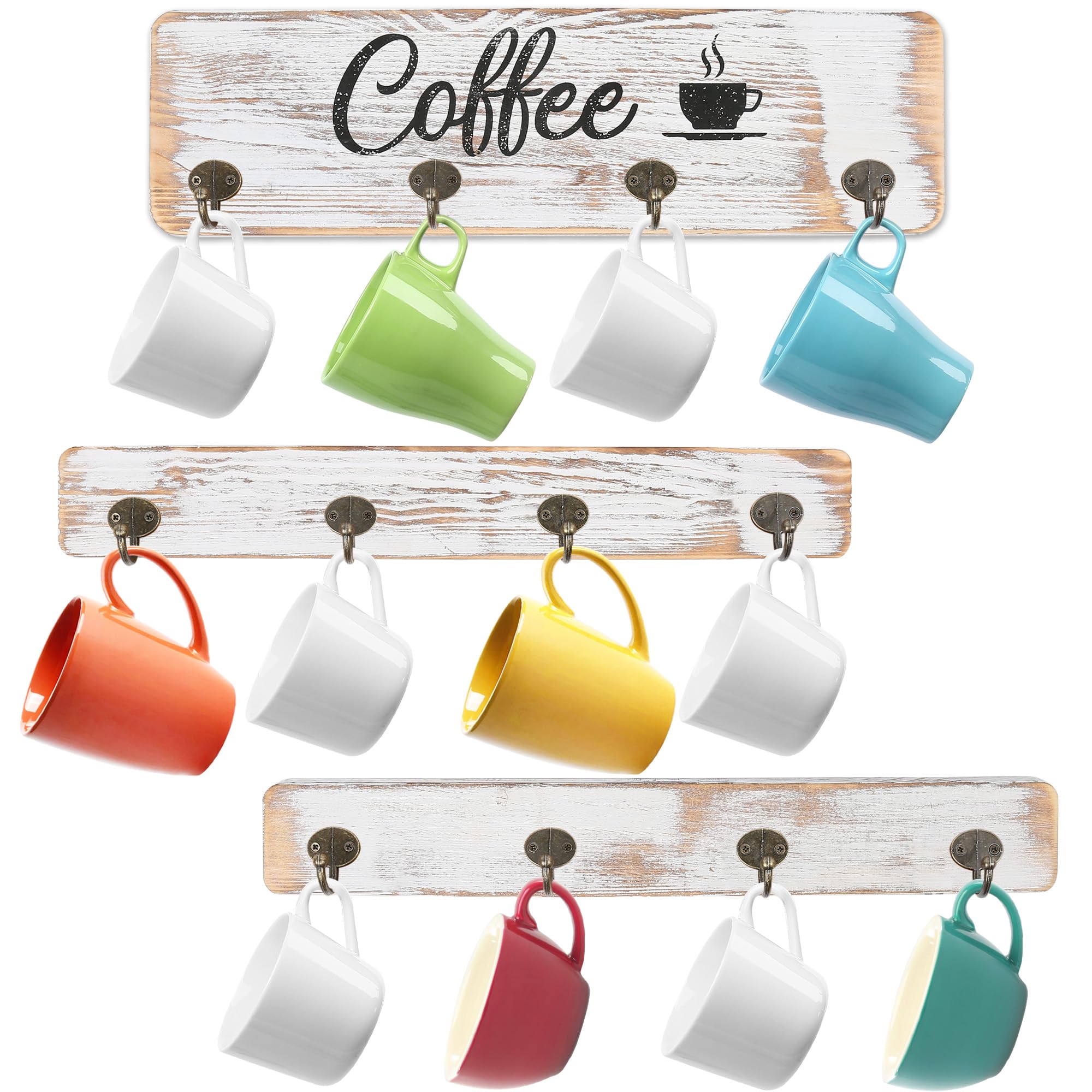 LotFancy Rustic Wall Mounted Coffee Mug Rack - Farmhouse Wood Cup Organizer with 12 Hooks for Home, Office & Kitchen Storage - White Coffee Nook Décor | Perfect for Small Space Organization & Coffee Bar Display