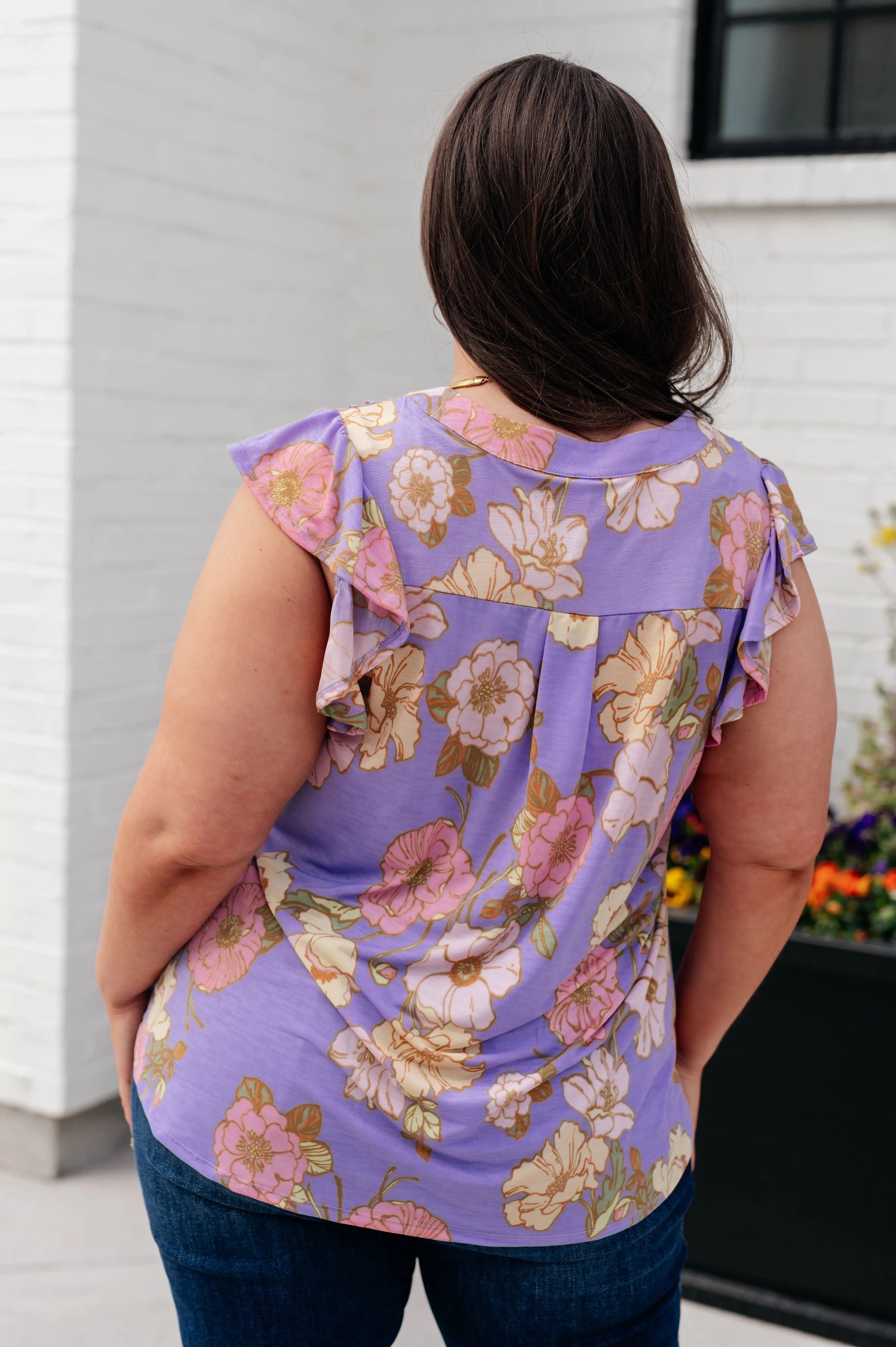 Lizzy Flutter Sleeve Top - Lavender French Floral Print Women's Blouse | Casual Summer Tops for Brunch, Date Night & Outdoor Events