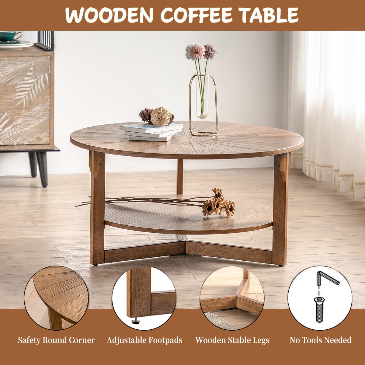 Rustic 2-Tier Round Wood Coffee Table with Storage for Living Room & Apartment - Easy Assembly, Espresso Finish (35