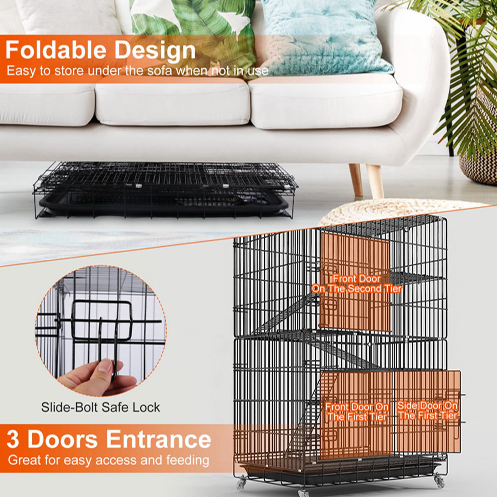 iMounTEK 4-Tier DIY Cat Playpen - Indoor Metal Cat Enclosure with 360° Lockable Wheels, 3 Doors & Ladders, Hammock for Cats & Small Pets (Black) - Perfect for Multi-Cat Homes, Play Areas & Small Animal Habitats