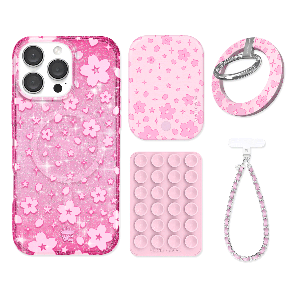 Cherry Blossom Glitter iPhone Case with Grip - Cute Floral Phone Cover for iPhone 13/14/15 Pro Max - Non-Slip Shockproof Protection - Perfect for Daily Use, Travel & Selfies