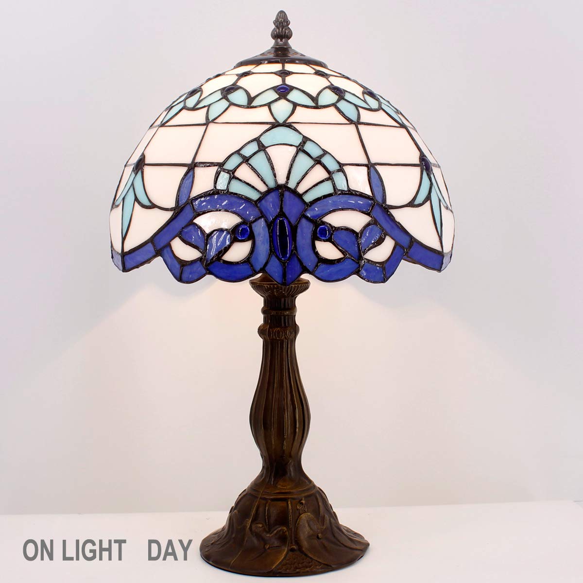 Tiffany Style Table Lamp - Navy Blue Baroque Stained Glass Desk & Bedside Light, 12x12x18 Inches, Perfect for Bedroom, Living Room & Home Office Decor - WERFACTORY S003B Series - Ideal for Reading, Relaxation & Romantic Ambiance Lighting