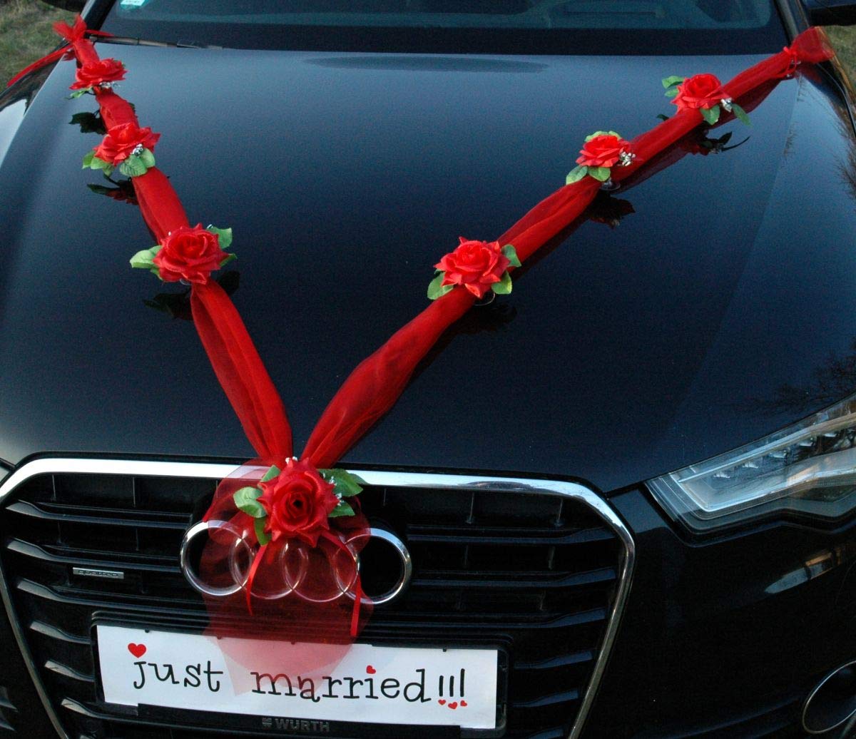 Elegant Red Organza Rose Car Decoration for Weddings - Bridal Couple Car Jewelry & Wedding Car Accessories - Perfect for Wedding Day, Anniversary & Romantic Celebrations