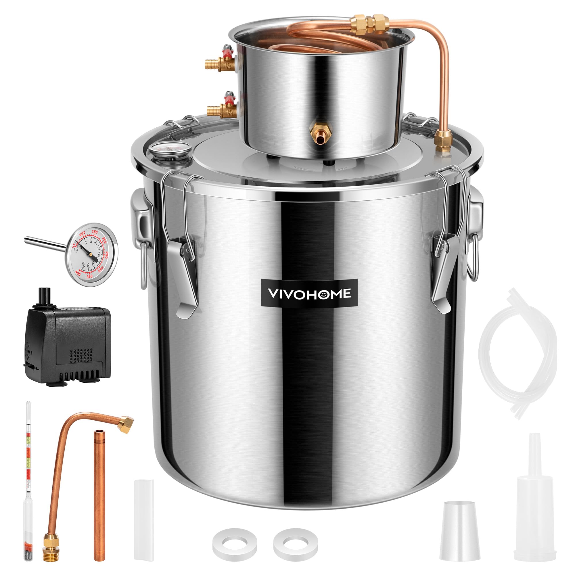VIVOHOME 8 Gallon Alcohol Still Kit with 2 Stainless Steel Pots, Built-in Thermometer, Water Pump & Hydrometer - Perfect for Home Brewing Whiskey, Wine, Brandy, Bourbon and Essential Oils | Ideal for DIY Distilling, Craft Cocktails & Aromatherapy