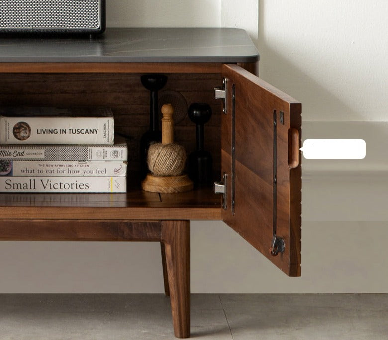 Black Walnut Solid Wood TV Stand with Slate Top - Rustic Modern Entertainment Center for Living Room, Bedroom & Home Theater