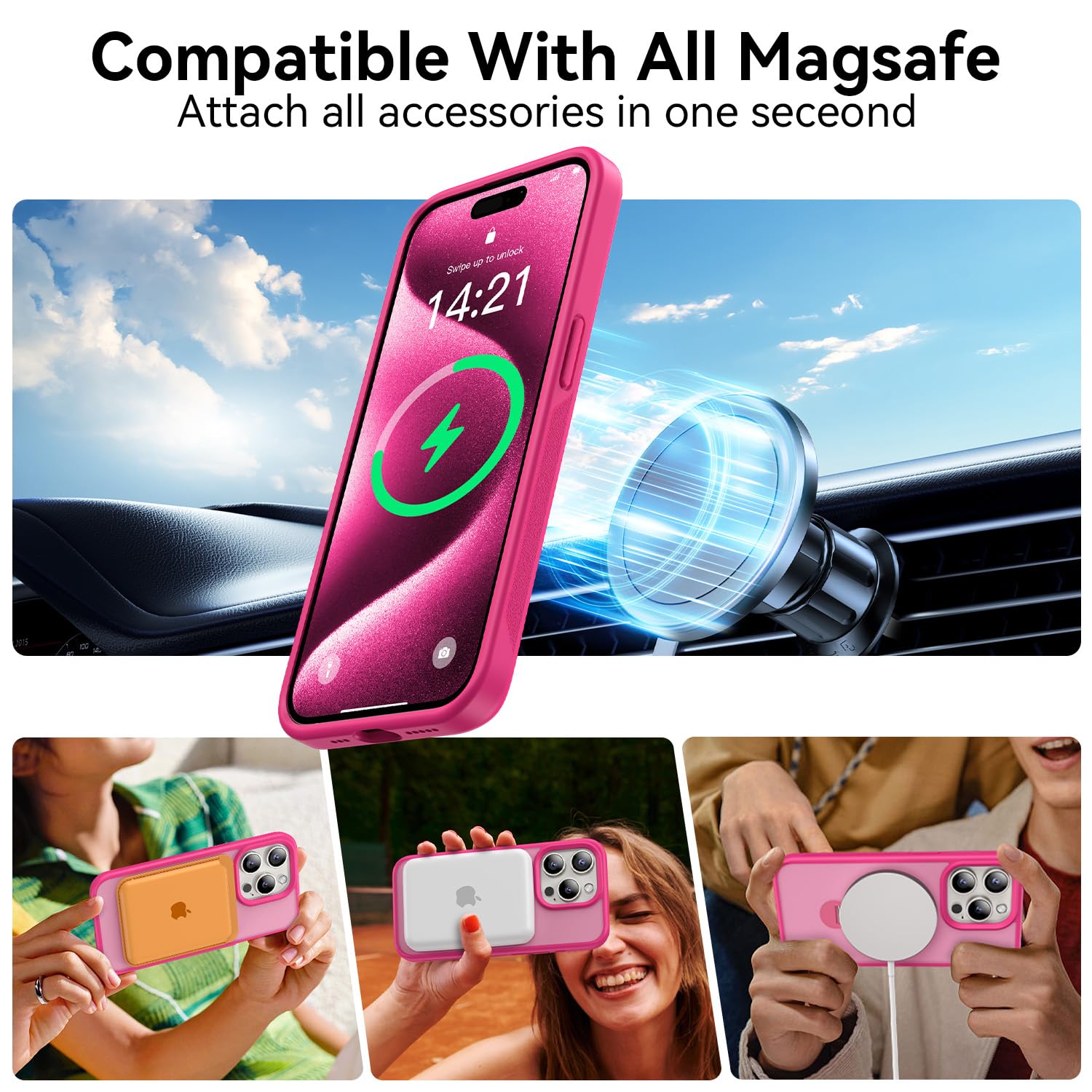 Genuine Magnetic Ring Stand Case for iPhone 15 Pro Max | Military-Grade Drop Protection & MagSafe Compatible | Shockproof Matte Translucent Slim Cover 6.7 Inch 2023 (Rose Red) | Perfect for Work, Travel & Everyday Protection