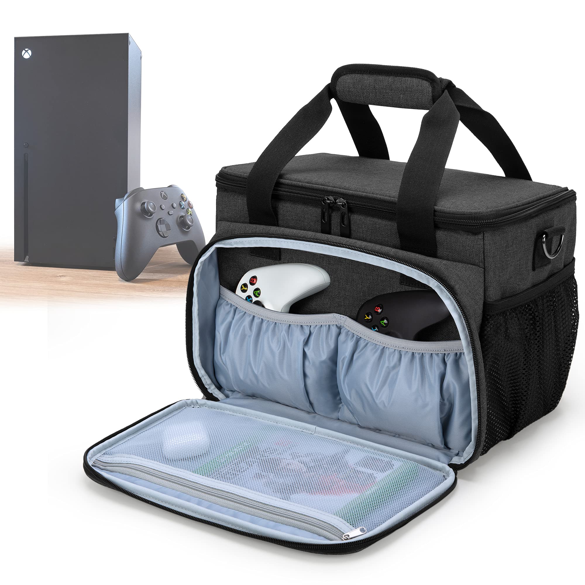 CURMIO Travel Storage Bag for Xbox Series X & PlayStation Console - Portable Carrying Case for Controllers, Cables, Headsets & Accessories (Black) - Perfect for Gaming Travel, Storage & Organization