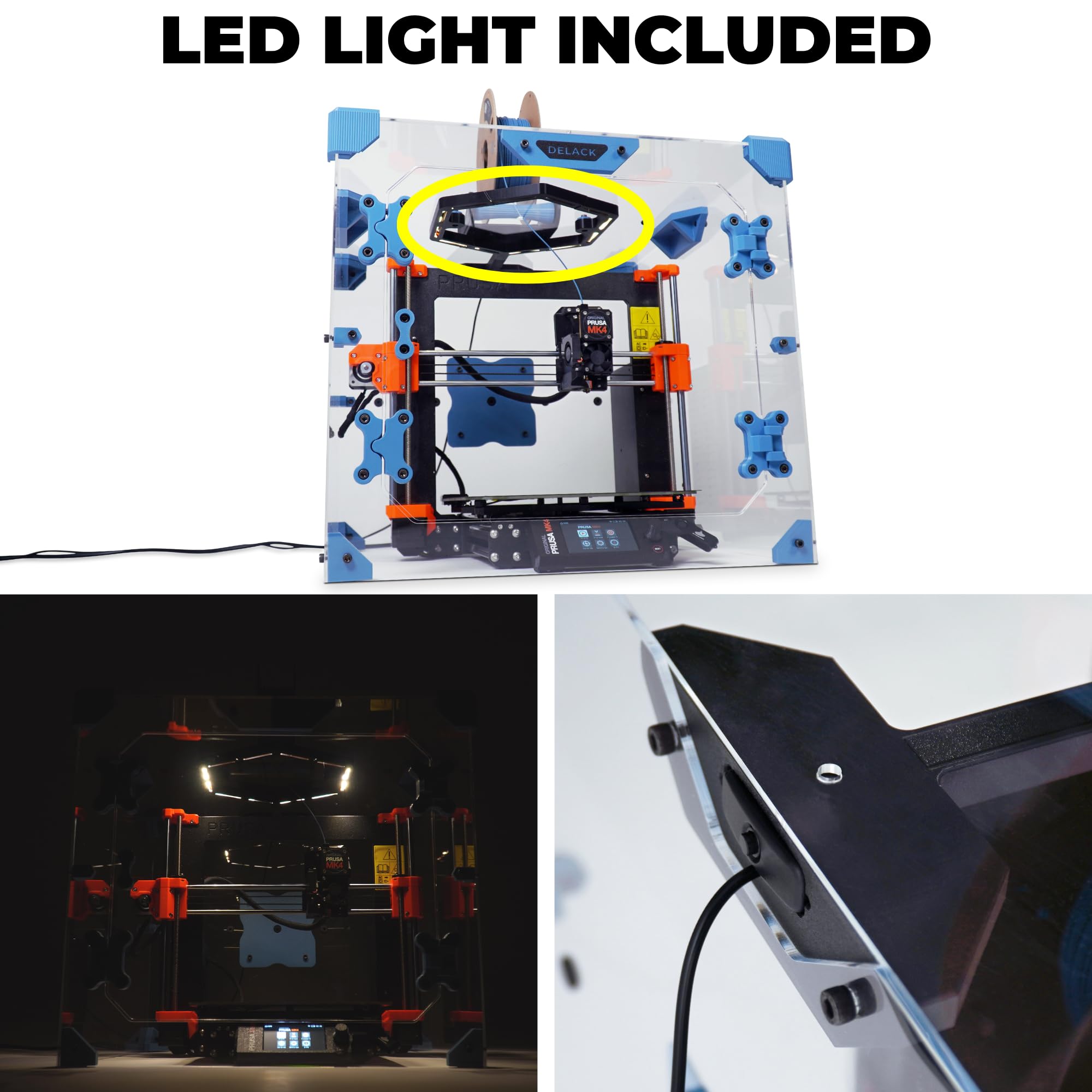 DELACK 3D Printer Enclosure Kit with LED Light for Prusa MK4/MK3/Mini | IKEA Lack Table Compatible | Plexiglass Cover for Temperature Control | Perfect for Home & Office 3D Printing Projects
