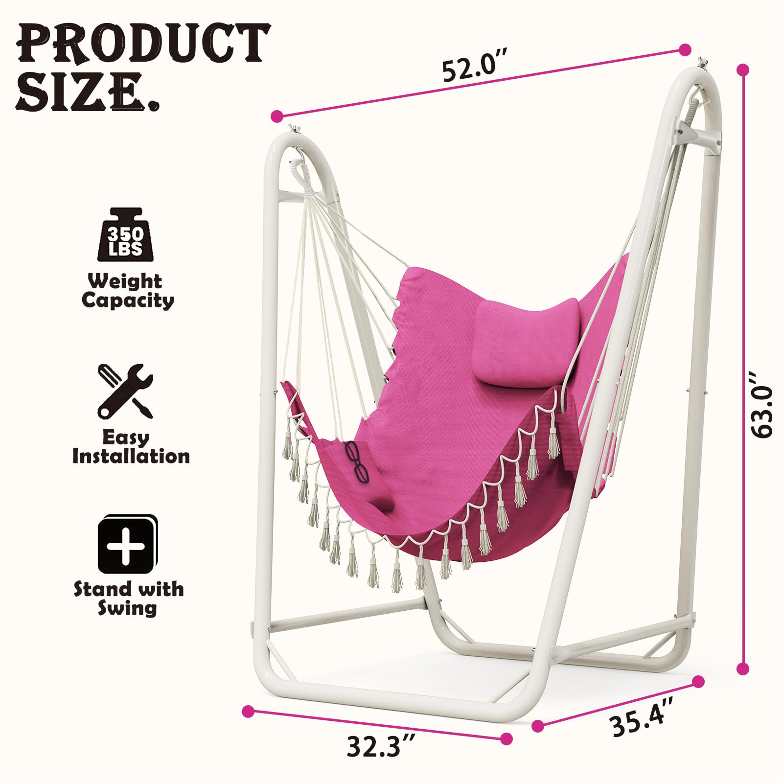 Premium Heavy-Duty Hammock Chair with Stand - 350lb Weight Capacity - Indoor/Outdoor Hanging Swing Chair (Pink) - Perfect for Patio, Garden, Balcony & Relaxation Spaces