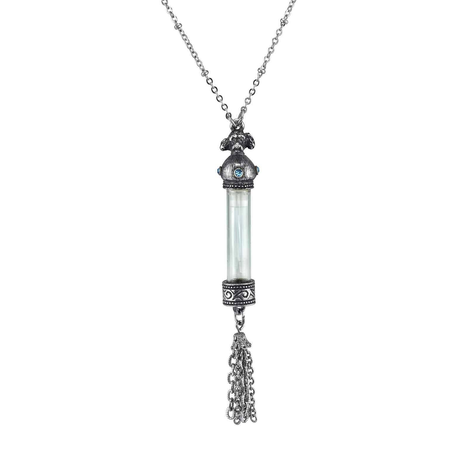 Antiqued Dog Pendant Necklace with Light Blue Crystal Glass Vial & Tassel - Vintage 1928 Jewelry - Perfect for Boho Fashion, Gift Giving & Special Occasions