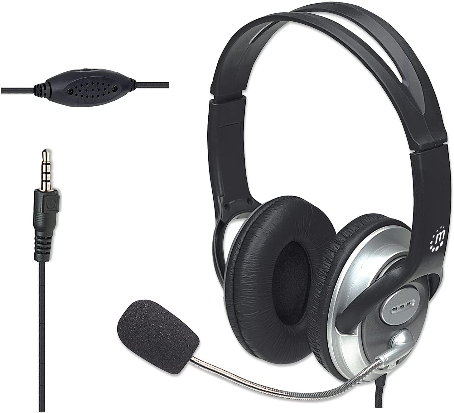 MANHATTAN Wired Headset with Noise-Canceling Microphone - 8ft Braided Stereo Cable, 3.5mm Jack, Volume Control - for PC, Laptop, Gaming, Phone Calls & Online Meetings - 3 Year Warranty (Model 180825)