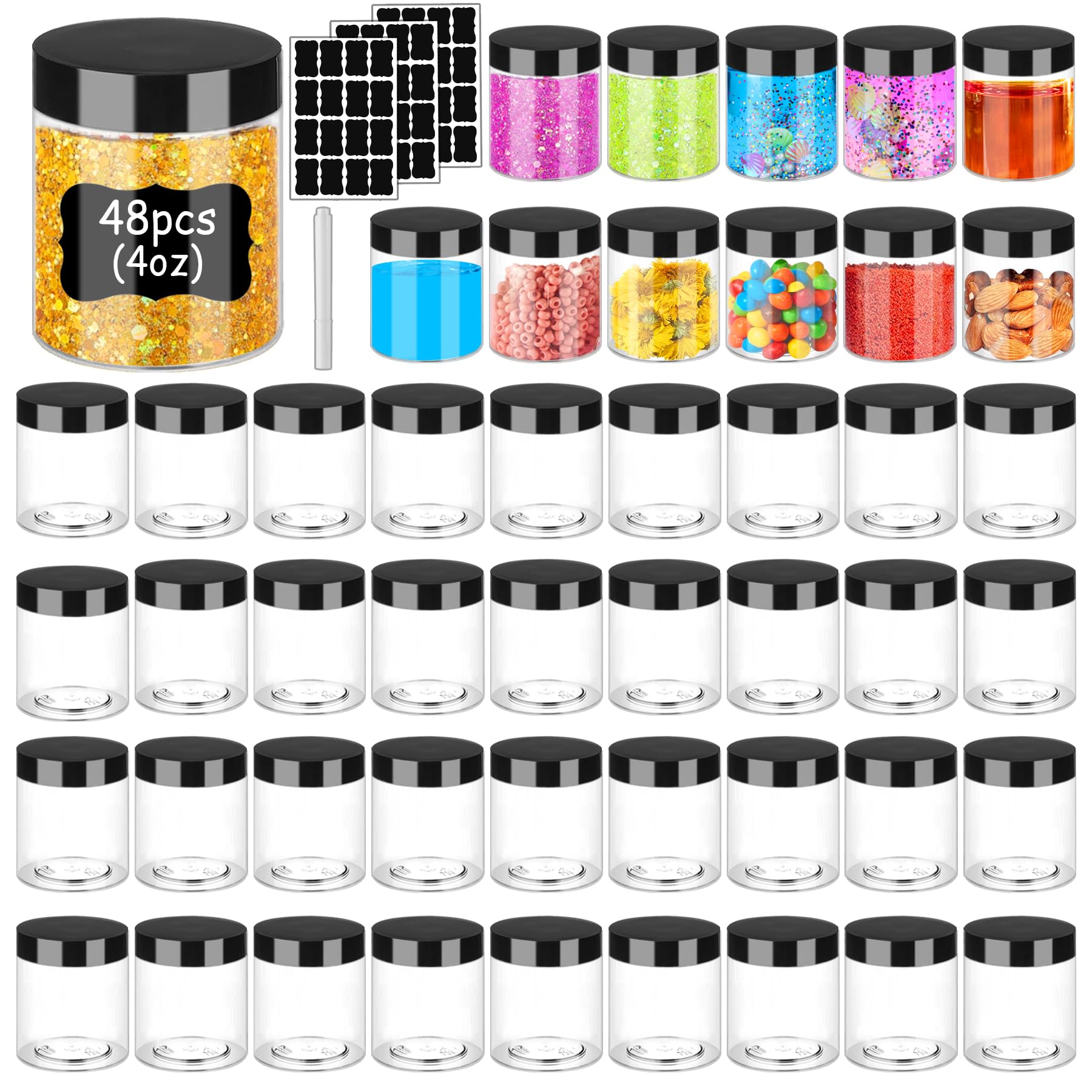 48-Pack 4 oz Clear Plastic Jars with Black Lids - Leakproof Cosmetic Containers for Lotion, Cream & Slime | Travel-Friendly Refillable Sample Jars for DIY, Beauty Products & Crafts