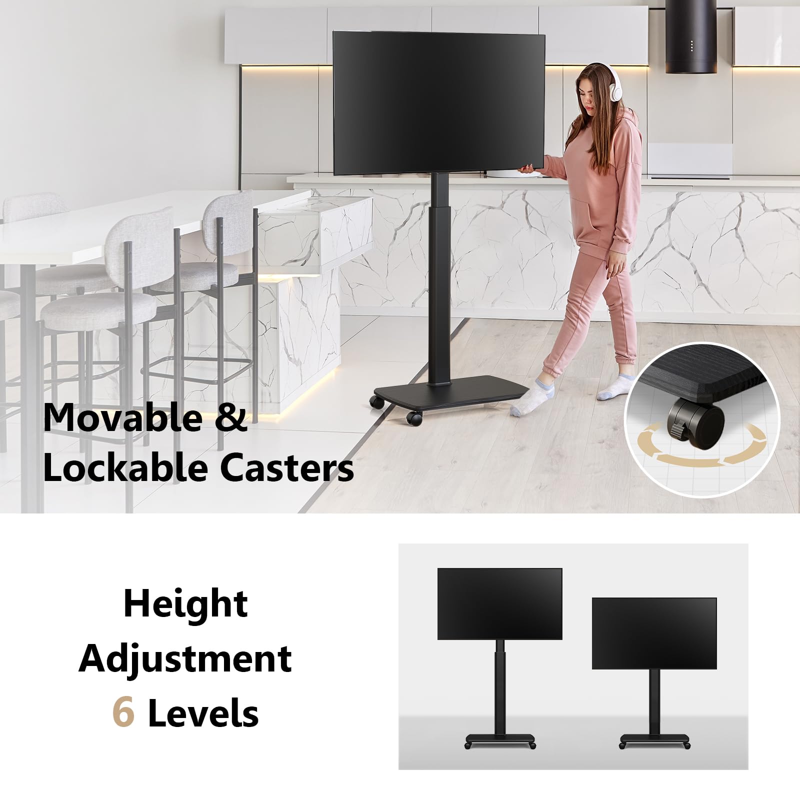 FITUEYES Universal Rolling TV Stand for 32-70 Inch TVs - Height Adjustable Mobile TV Cart with Wheels & Swivel Mount - Sturdy Black TV Floor Stand for Bedroom, Living Room, Dorm, Office & Outdoor Use