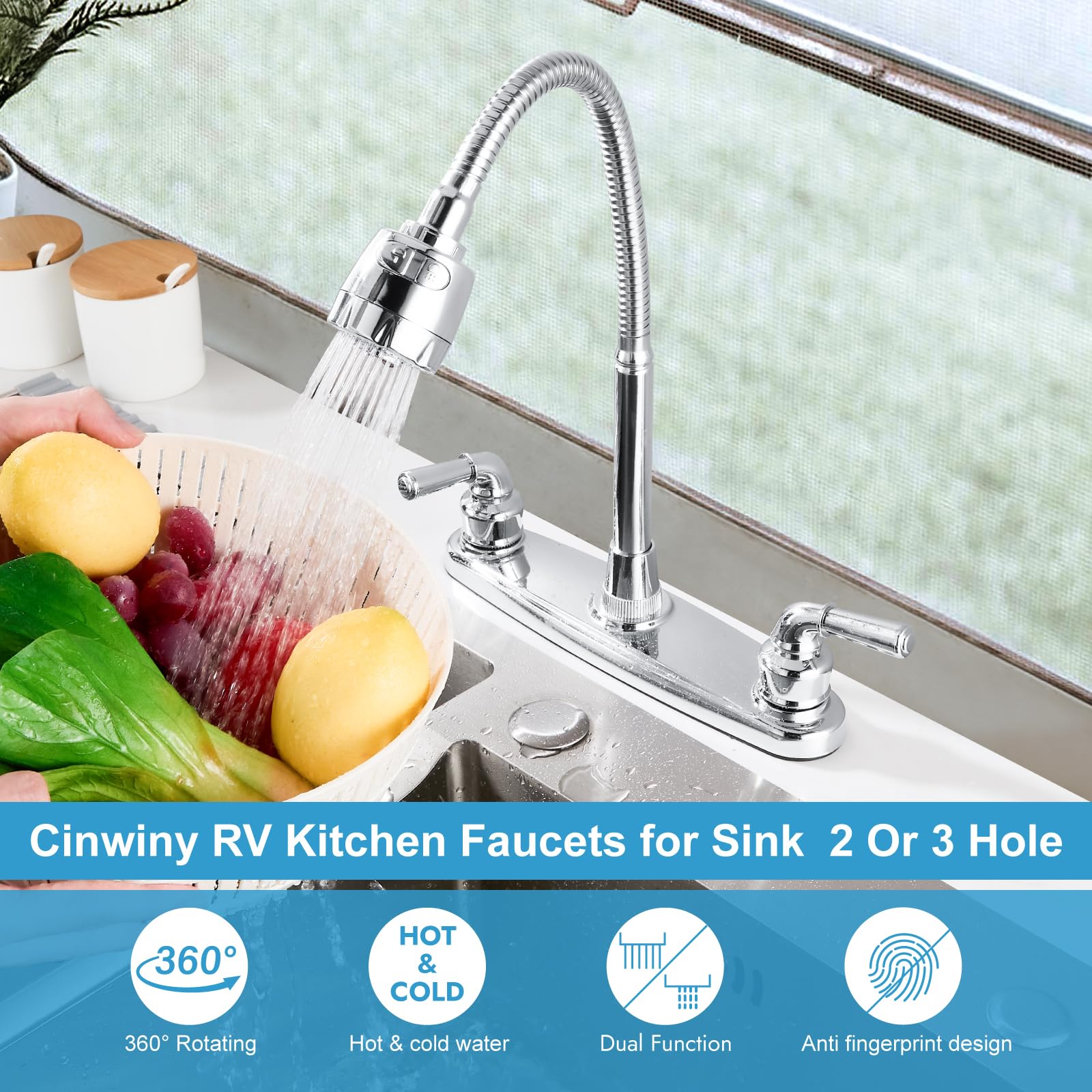 360° Swivel RV Kitchen Faucet - 8 Inch Deck Mount Camper Sink Faucet with Flexible Spout, Polished Chrome Water Mixer Tap for Motorhome, Travel Trailer & Tiny House (Perfect for Outdoor Cooking & Compact Spaces)
