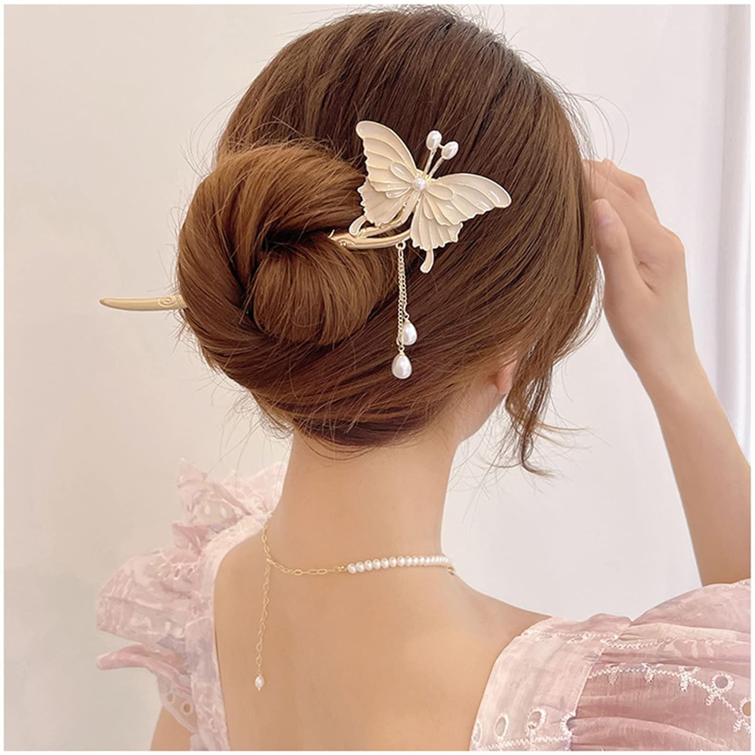 ADORNISH 1pc Elegant Metal Butterfly Pearl Hair Chopsticks - Vintage Hair Clip & Chignon Pin for Women & Girls (White Butterfly Design) - Perfect for Weddings, Parties & Special Occasions
