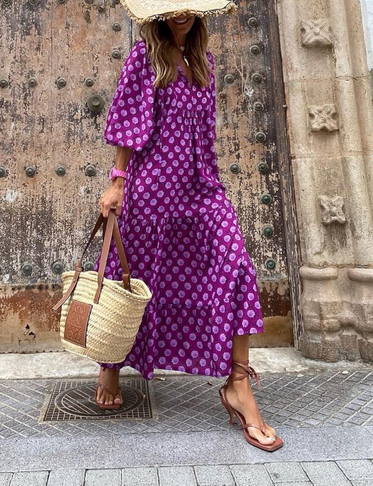 Bohemian Floral Maxi Dress for Women - Summer V-Neck Short Puff Sleeve Beach Sundress with Tiered Swing Skirt | Perfect for Beach Vacations, Music Festivals & Summer Parties