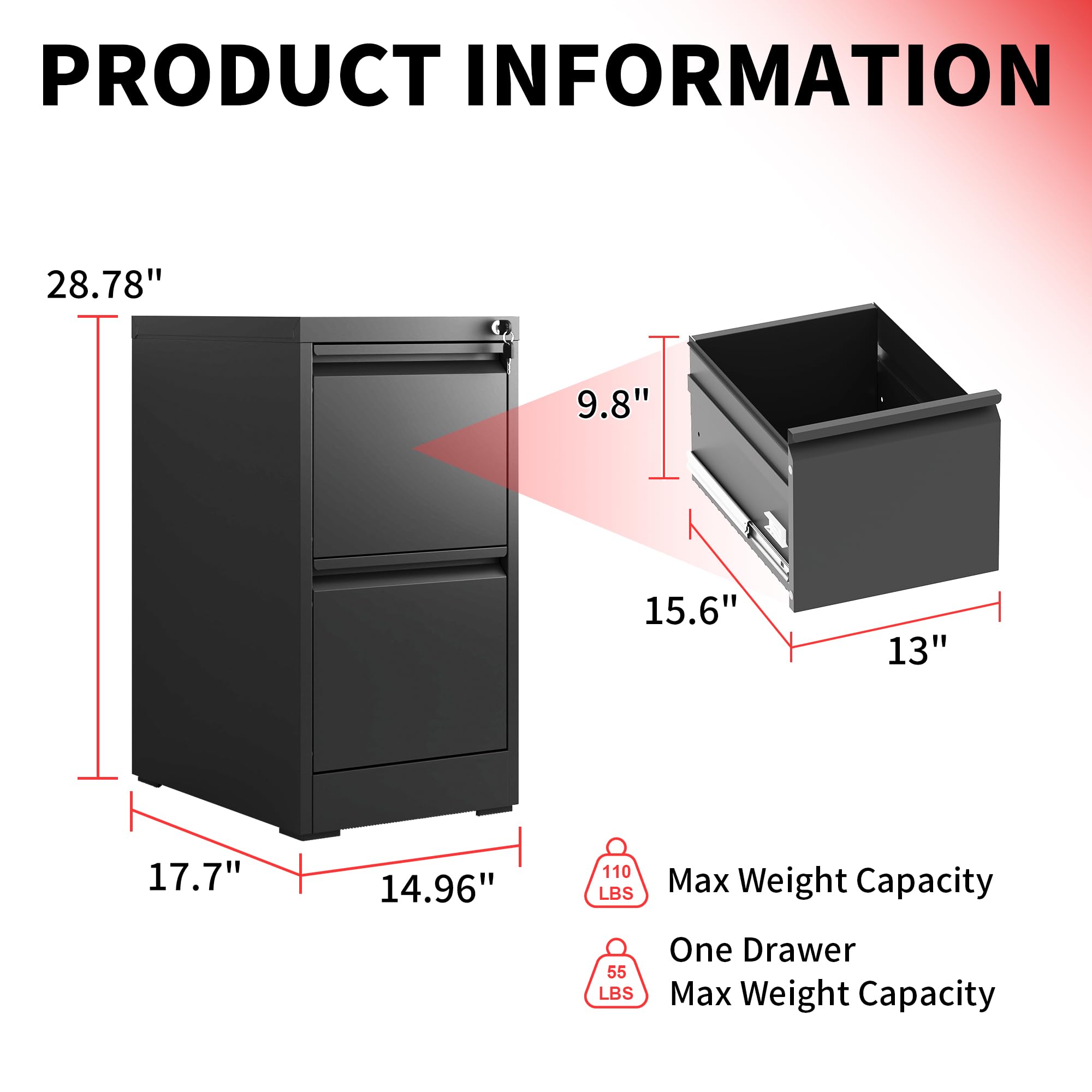 2 Drawer Locking Vertical File Cabinet for Home Office - Secure Storage for A4, Legal & Letter Hanging Files (Black, Assembly Required) - Perfect for Organizing Documents in Small Spaces & Home Offices