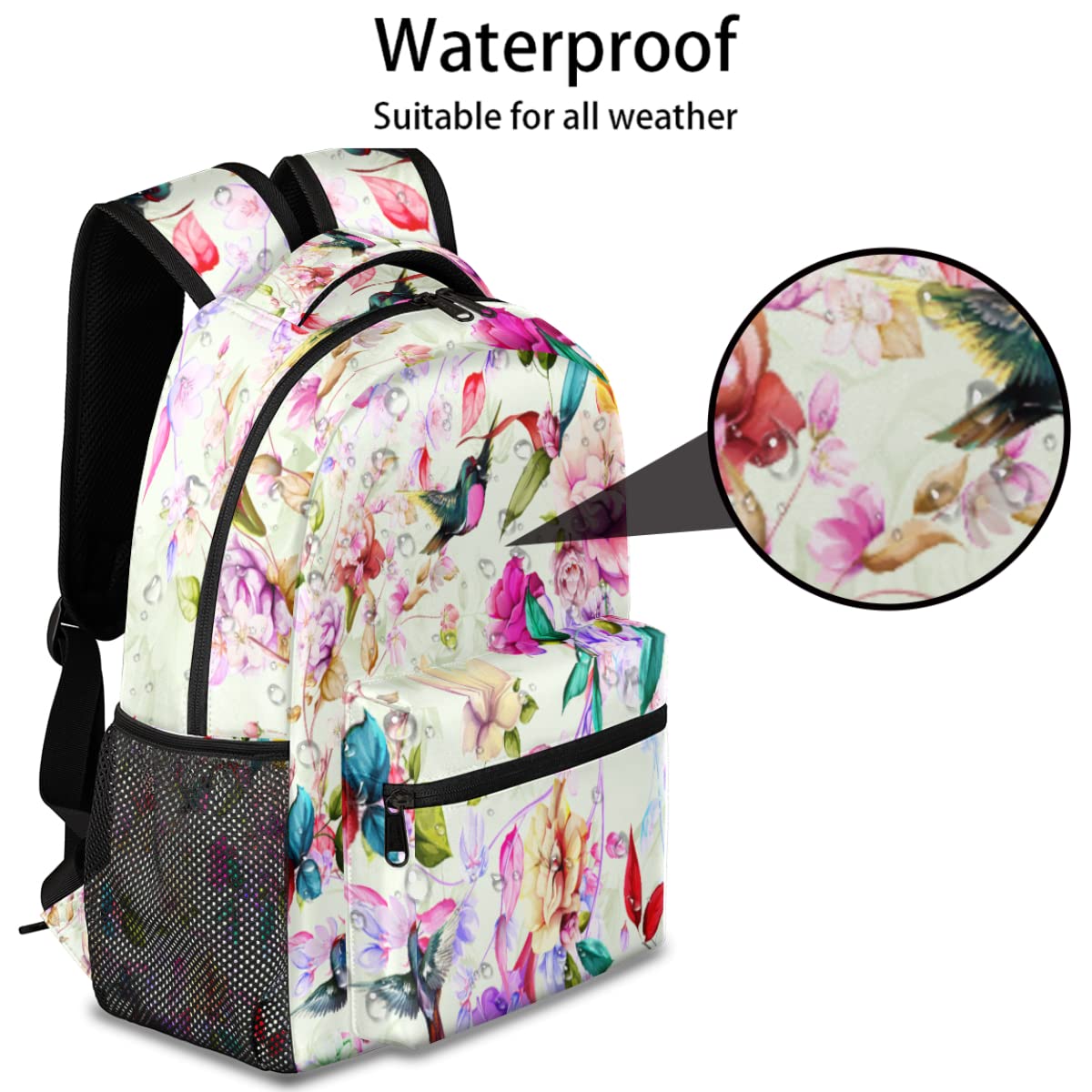 **Floral Hummingbird Waterproof Backpack for Girls & Women - Lightweight Travel Laptop Backpack for School, College, Business & Casual Use - Perfect for Daily Commute, Hiking & Weekend Trips**