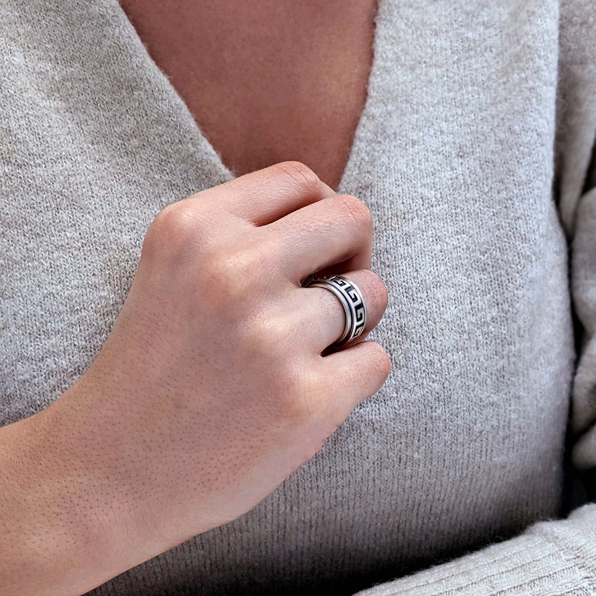 925 Sterling Silver Anxiety Spinner Ring for Women & Men - 9mm Greek Key Design Fidget Ring - Oxidized Wedding Gift, Engagement Jewelry - Ancient Greece Style Stress Relief Ring for Office, Travel & Daily Wear