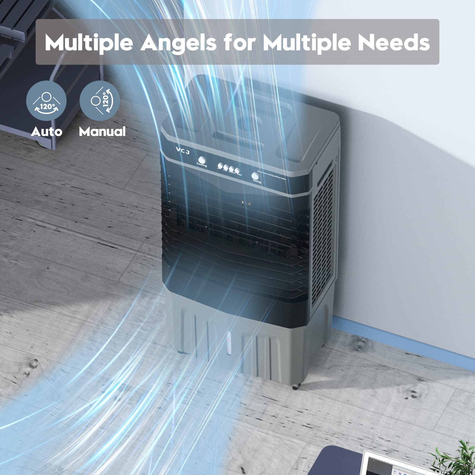 Portable Evaporative Air Cooler - 3-in-1 Cooling Fan with 6 Ice Crystal Boxes, Large Water Tank & Wheels | 3-Speed Modes for Home, Office, Bedroom, Patio & Outdoor Use | Energy Efficient Personal Space Cooler