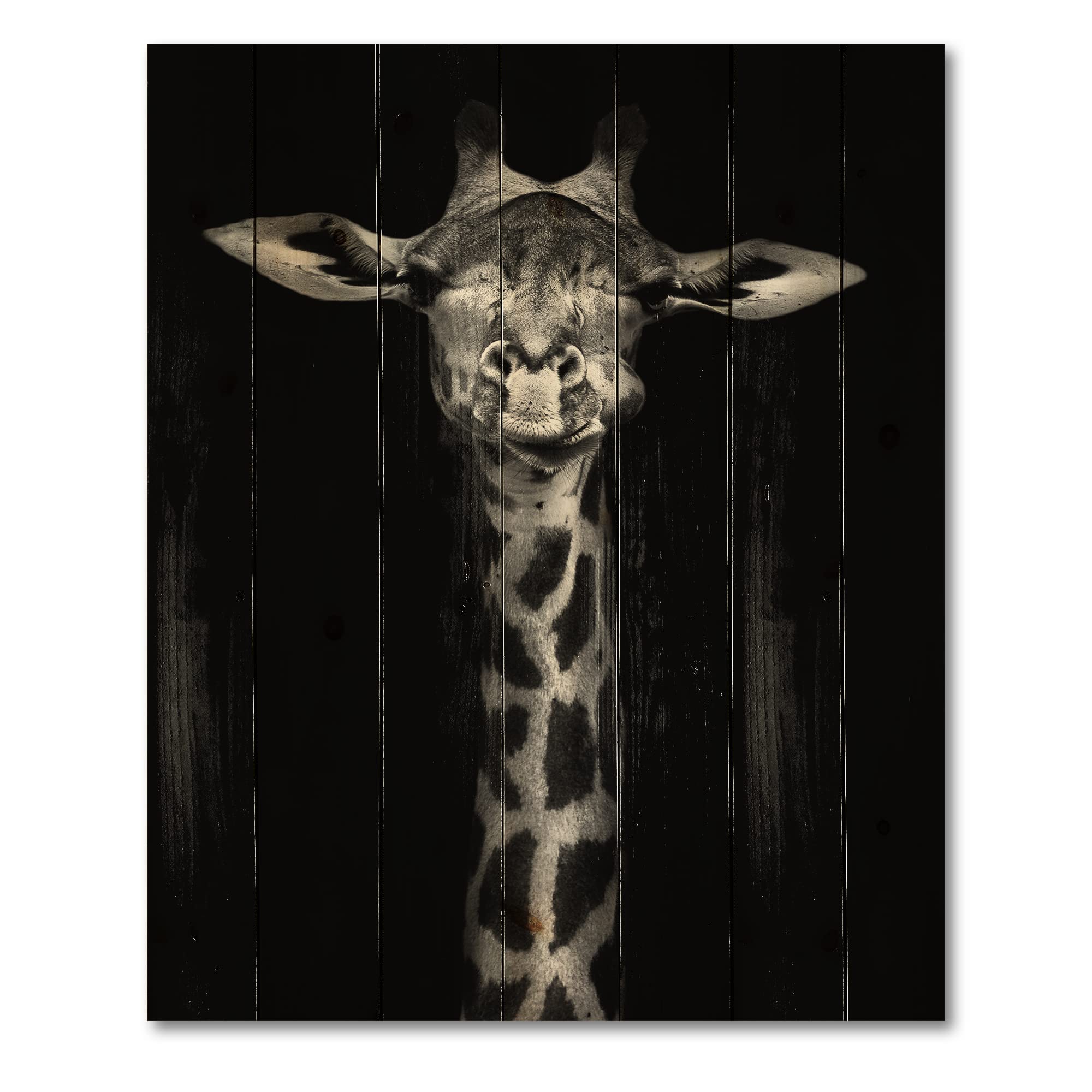 DesignQ Black and White Giraffe Portrait - Farmhouse Wood Wall Decor, Large Animal Wall Art Panel Printed on Natural Pine Wood - Perfect for Living Room, Nursery, or Office Decor