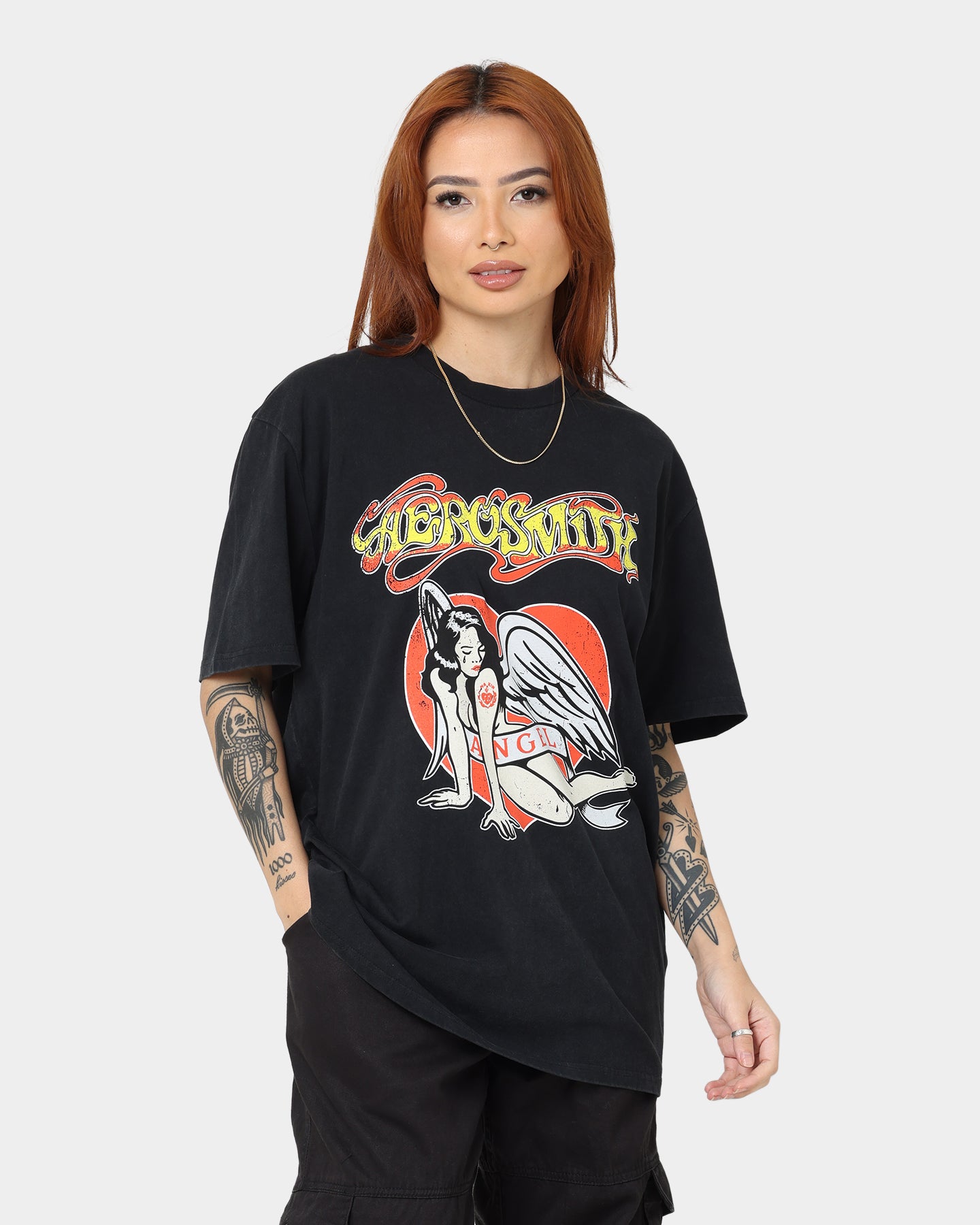 Vintage Aerosmith Angel Heart Graphic T-Shirt - Washed Black Retro Rock Band Tee for Concerts & Casual Wear