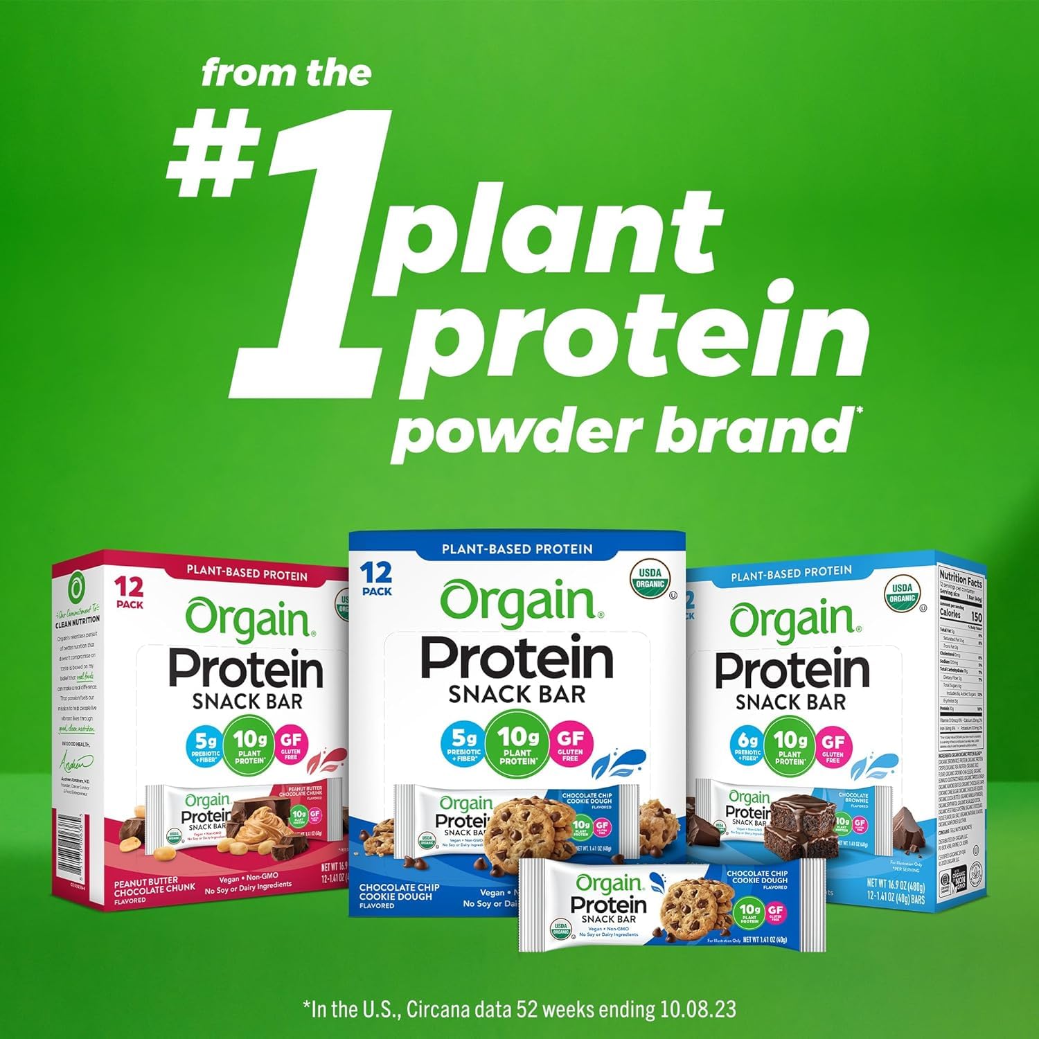 Orgain Organic Vegan Protein Bars, Chocolate Chip Cookie Dough - 10g Plant-Based Protein, Low Calorie Healthy Snacks, Gluten Free, Non-GMO, No Lactose or Soy (Pack of 12) - Perfect for Post-Workout Recovery, On-the-Go Energy & Keto Diet Snacking