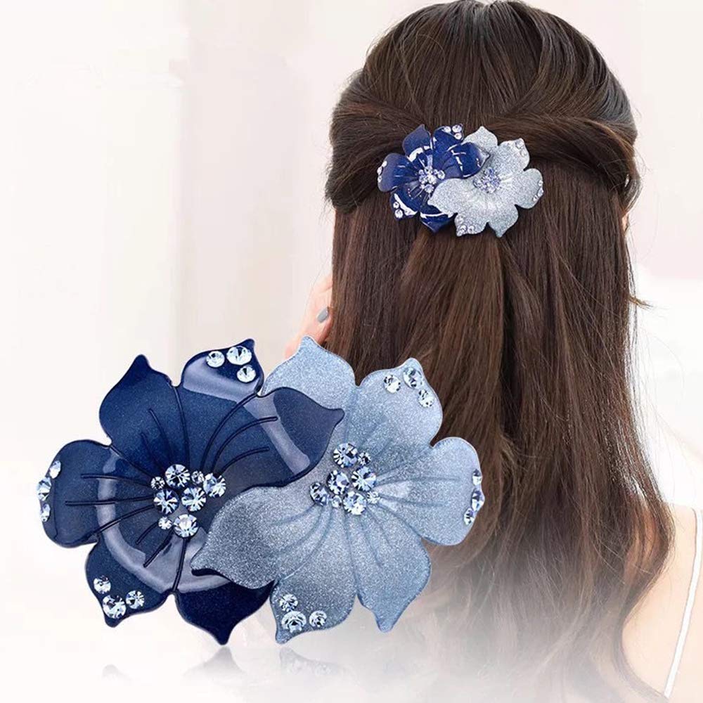 Vintage Crystal Rhinestone French Hair Clips for Women - Double Color Blue Barrettes for Long Hair | Wedding, Party & Special Occasion Hairstyle Accessories