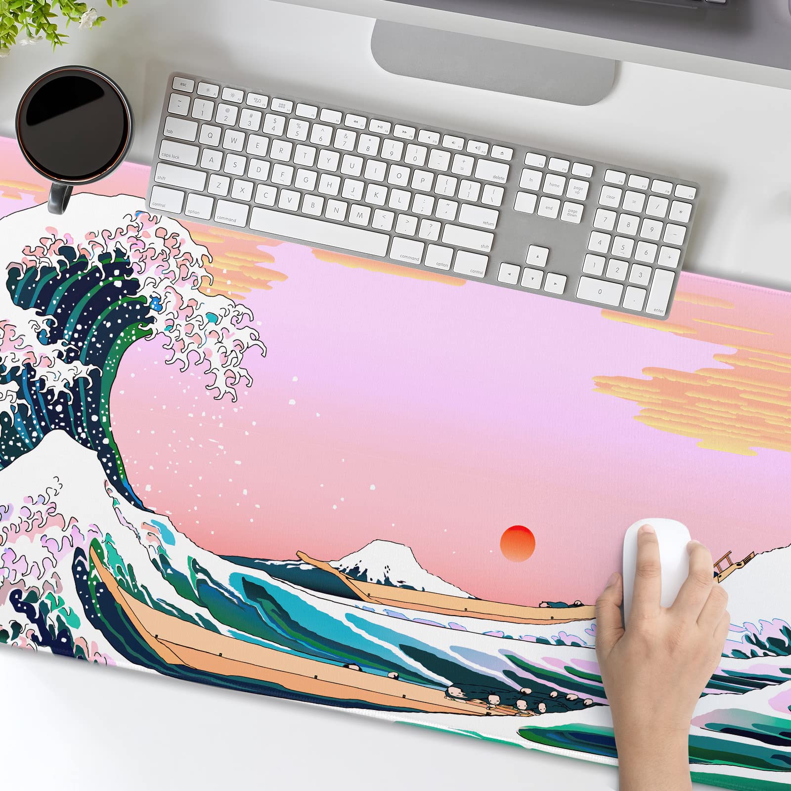 Kawaii Pink Japanese Wave Aesthetic Mouse Pad - Non-Slip Rubber Base XXL Extended Desk Mat (90x40cm/35.4x15.7in) for Gaming, Office & Computer Use - Perfect for Laptop, Keyboard & Desktop Workspace Decor