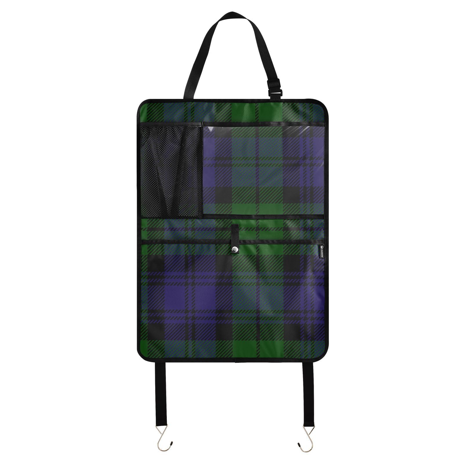 Aflyko Car Seat Back Organizer - Tartan Plaid Green & Blue with Pockets, Kick Mat & Backseat Protector - 1 Pack | Perfect for Road Trips, Family Travel & Keeping Your Vehicle Clean