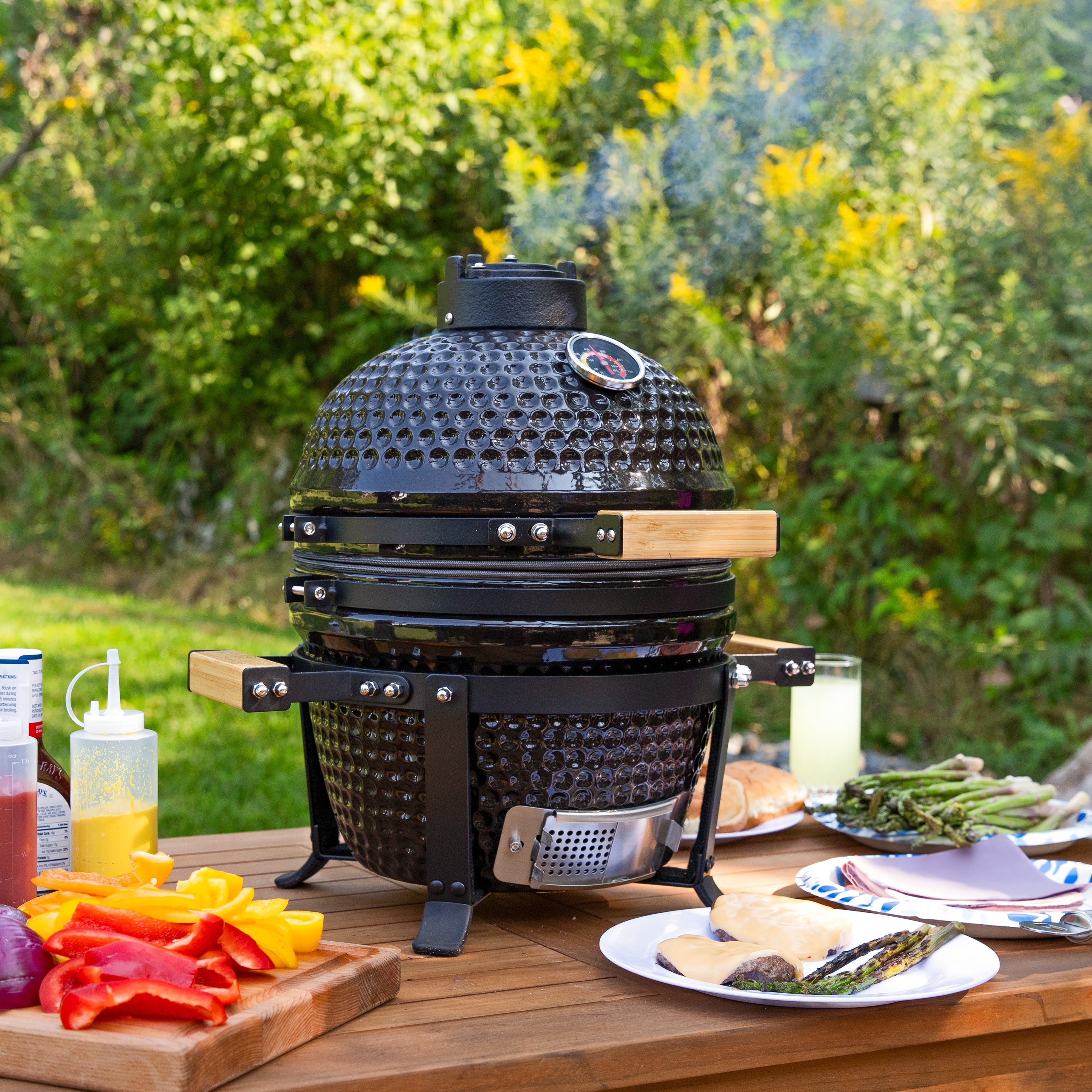 Portable Kamado Charcoal Grill and Smoker with Stand - Outdoor BBQ, Camping & Backyard Cooking - Perfect for Patio, Picnics & Tailgating
