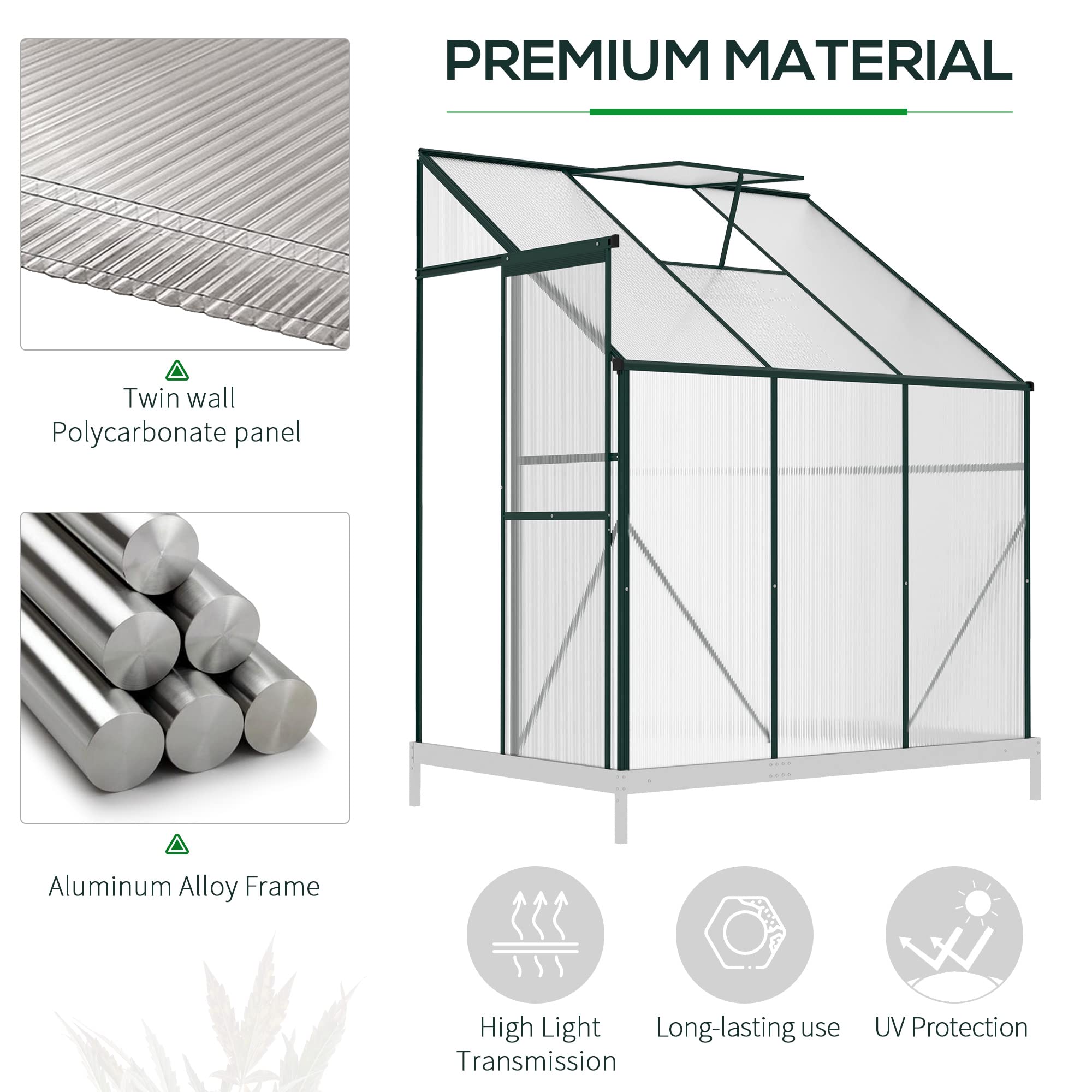 Outsunny 6x4x7 FT Walk-in Polycarbonate Greenhouse Kit with Aluminum Frame, Sliding Door & Roof Vent - Lean-to Hot House for Gardening, Plant Growing & Backyard Greenhouse - Perfect for Small Gardens, Balconies & Urban Farming