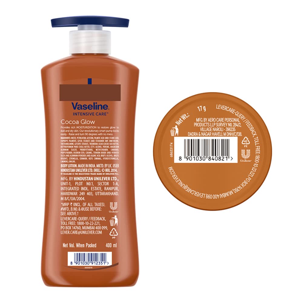 Vaseline Cocoa Butter Lip Balm Tin 17g & Intensive Care 24-Hour Moisturizing Body Lotion with Shea Butter 400ml - Deep Nourishment for Dry Lips & Skin | Perfect for Winter Care & Daily Hydration