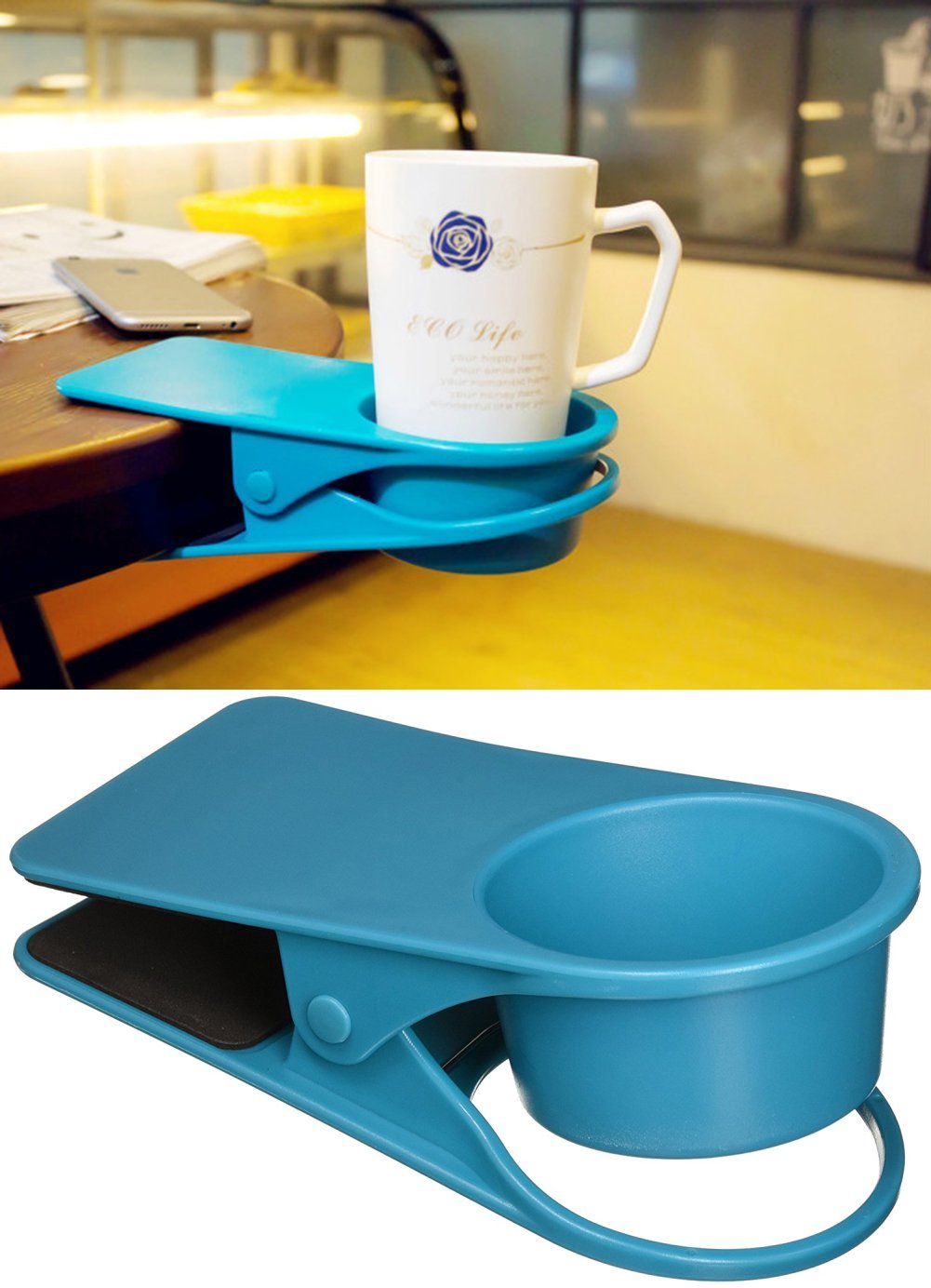 Sturdy Drink Cup Holder Clip for Desk & Table - Heavy Duty Beverage Mug Clip for Coffee, Soda, Water Bottles - Perfect for Home Office, Car, Dorm Room & Outdoor Use (Blue)